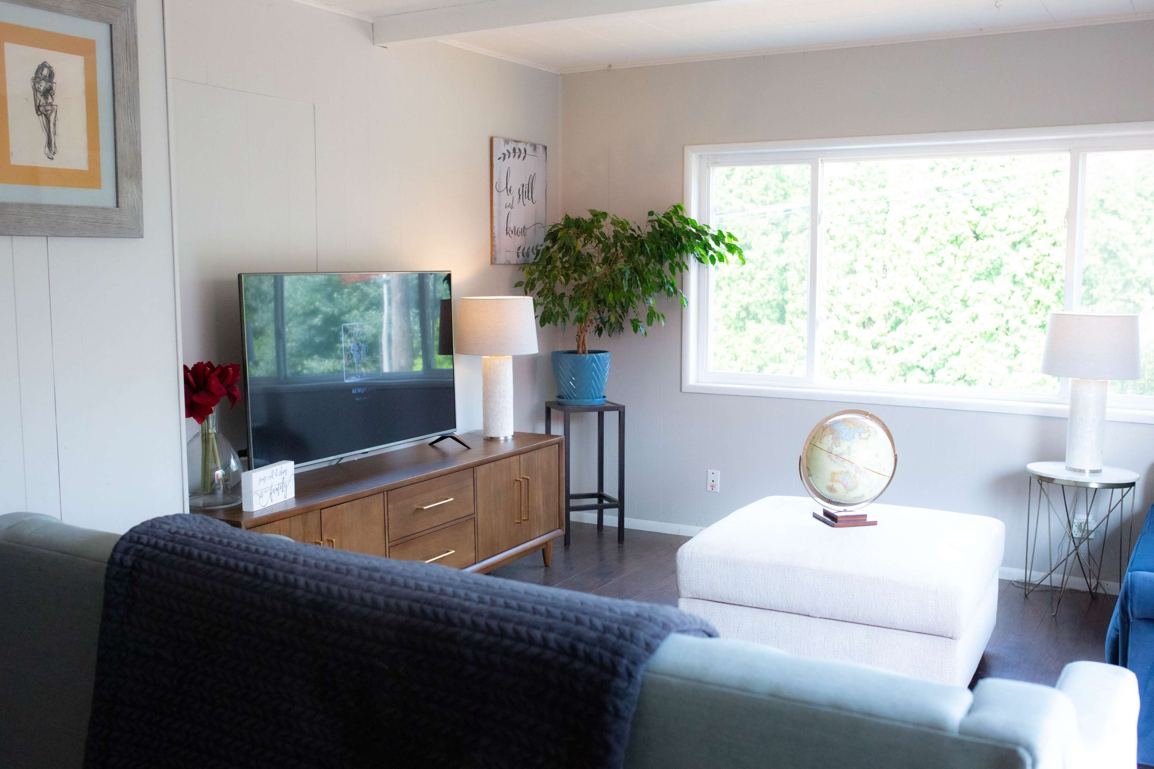 A modern living room features a television on a wooden console, a potted plant near a window, and a light-colored sofa with a globe on a coffee table.