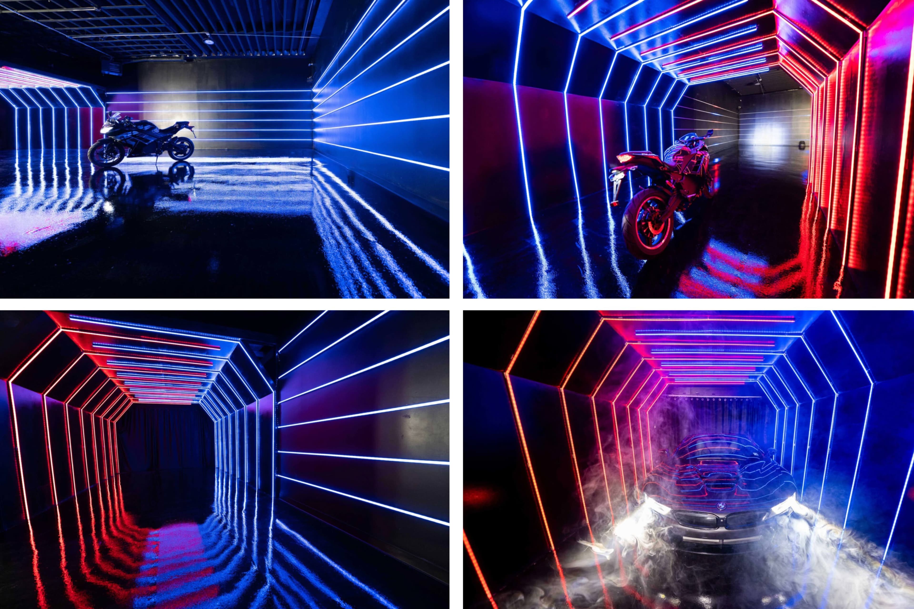 Four futuristic corridors illuminated with blue and red lights, featuring motorcycles and a car in a reflective, glossy environment.