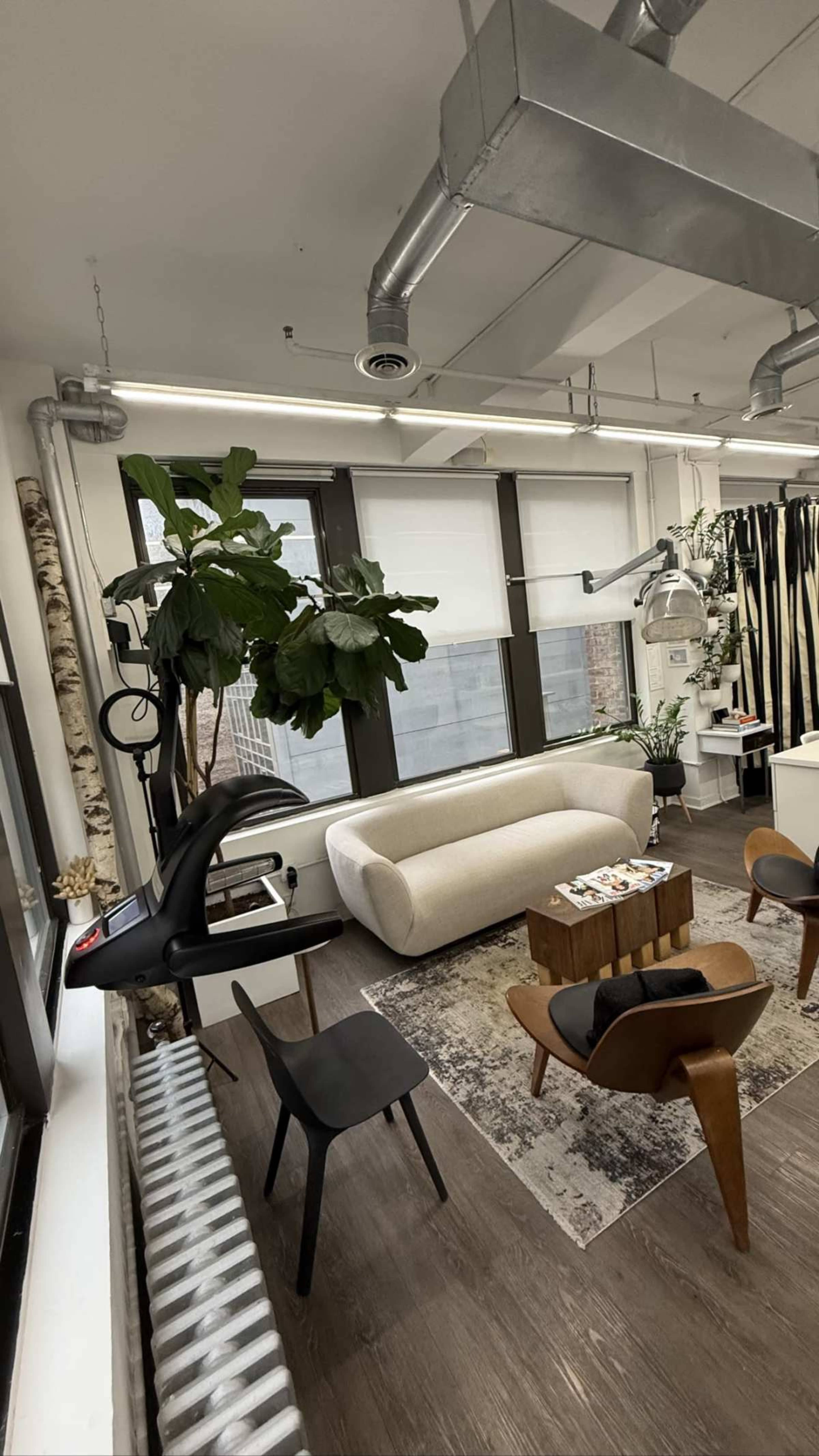The image shows a modern, minimalist office space featuring a light-colored sofa, wooden coffee table, and several plants, with large windows allowing natural light to enter.