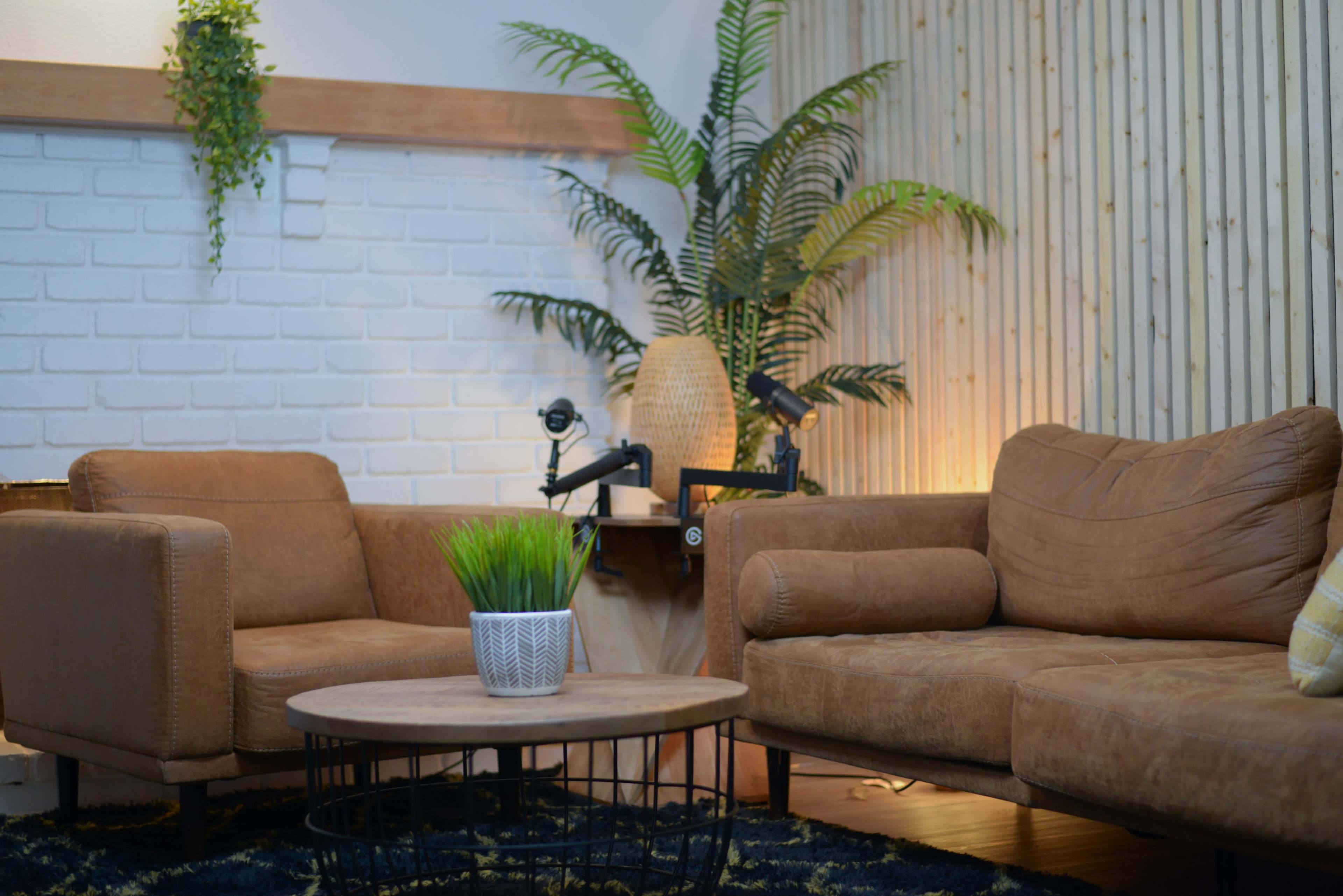 A living room with two brown sofas facing a round wooden coffee table, a potted plant, and a textured wall.