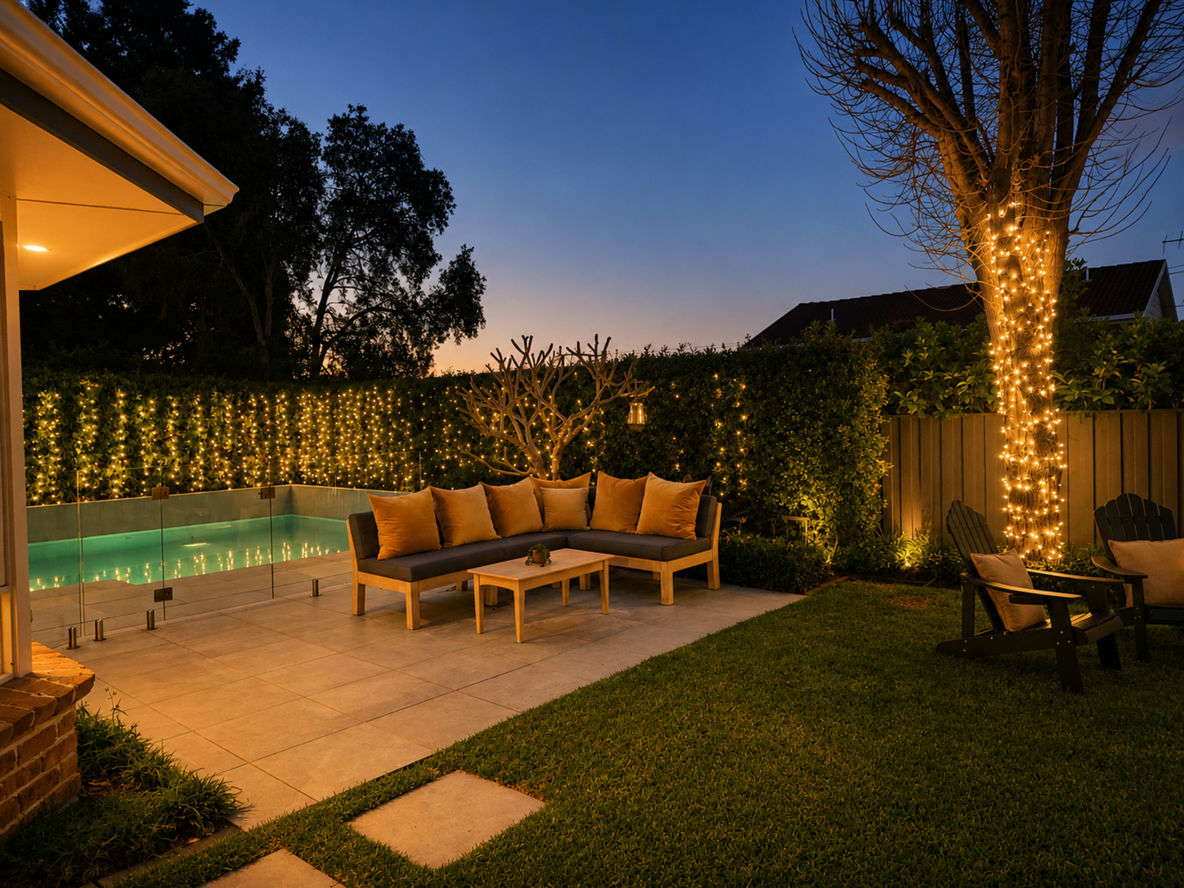The image shows a backyard scene featuring a pool, a modern seating area with cushions, and trees adorned with fairy lights under a twilight sky.