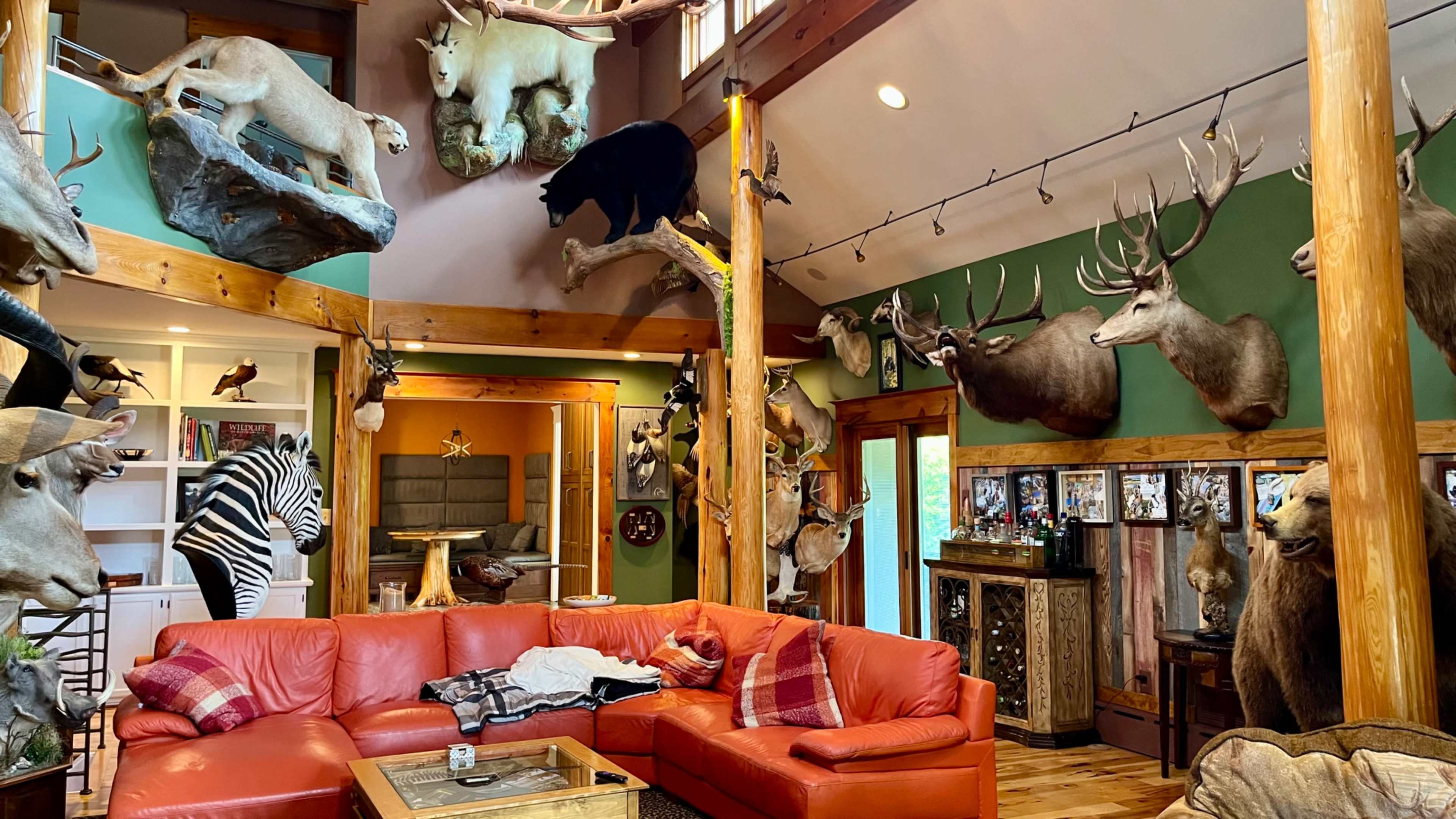 The room features a red sectional sofa surrounded by taxidermied animals mounted on the walls.
