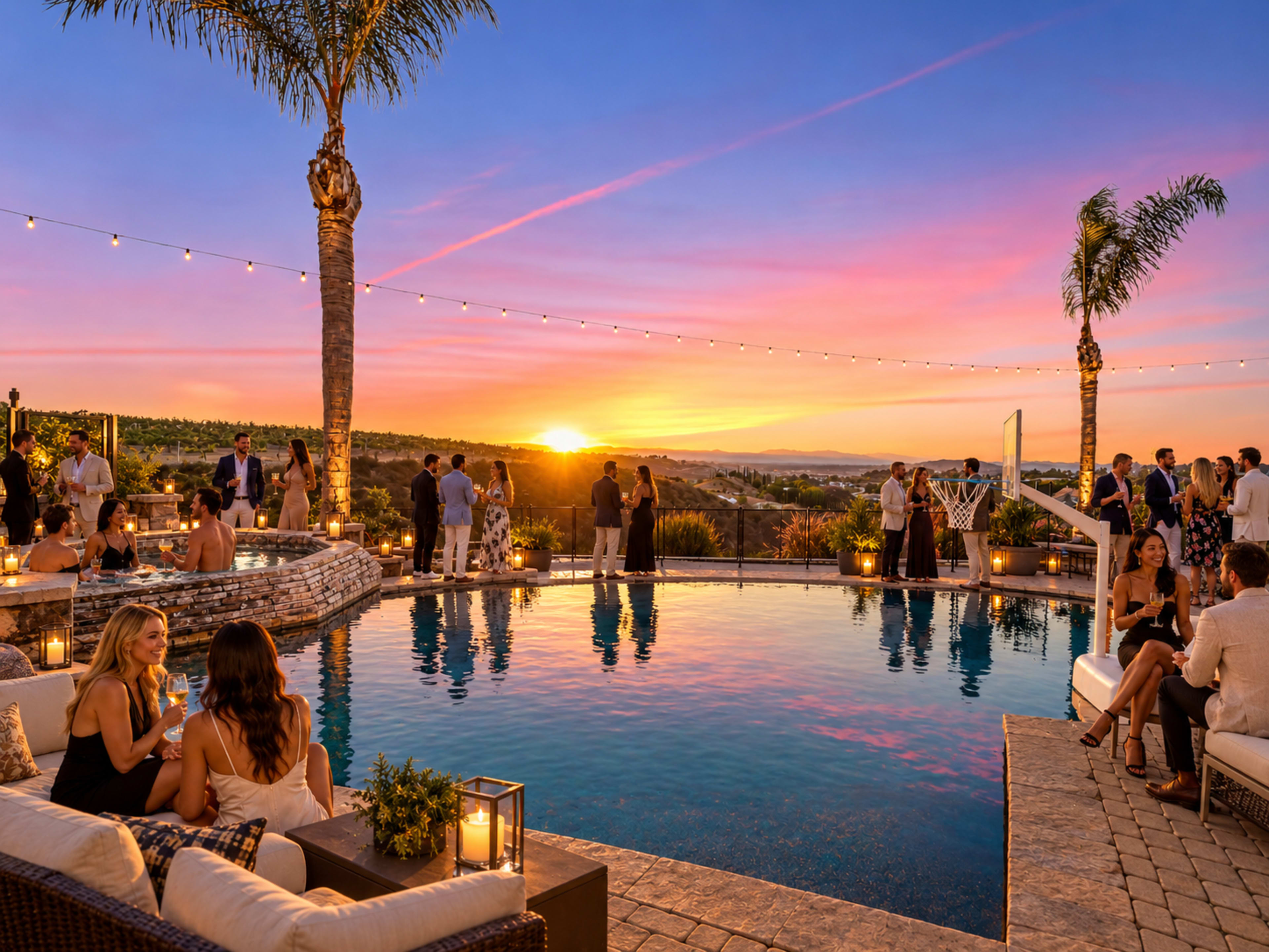 A lively outdoor party takes place near a pool at sunset, with guests socializing and enjoying the scenic view.