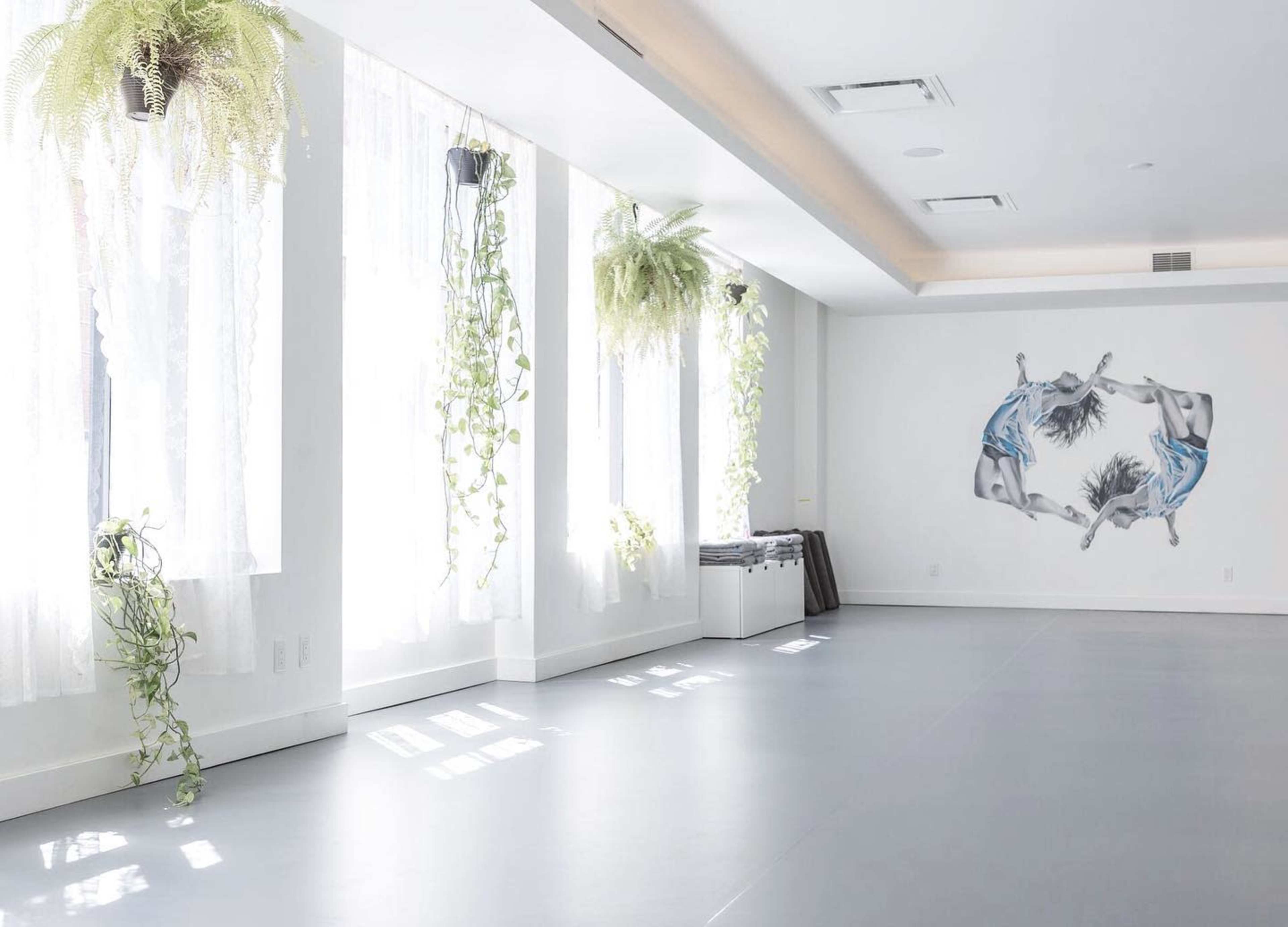 A bright, minimalist studio features hanging plants, large windows with sheer curtains, and a mural of dancers on one wall.