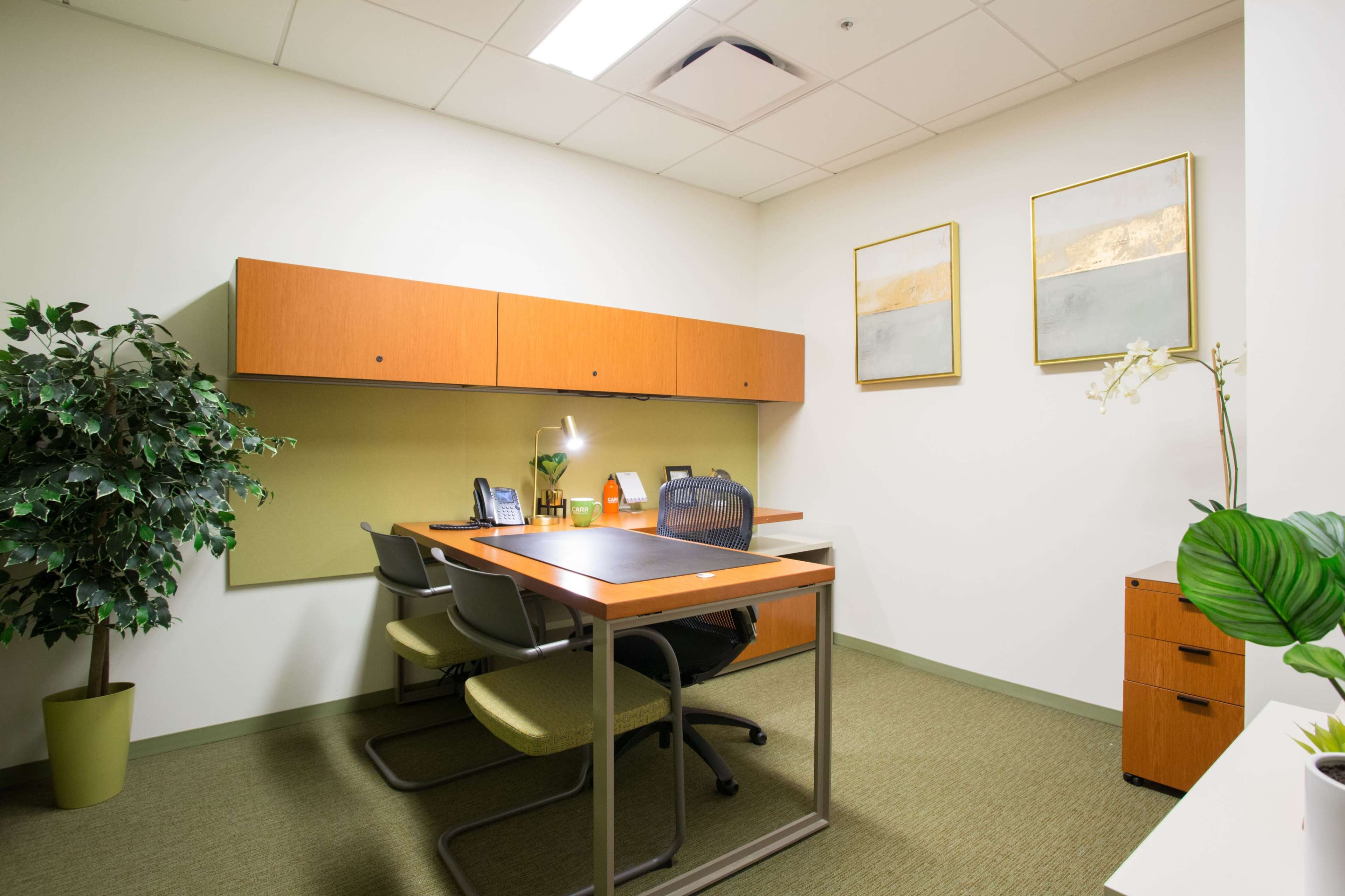 A small office space with a desk and three chairs, a potted plant, and two framed artworks on the wall.