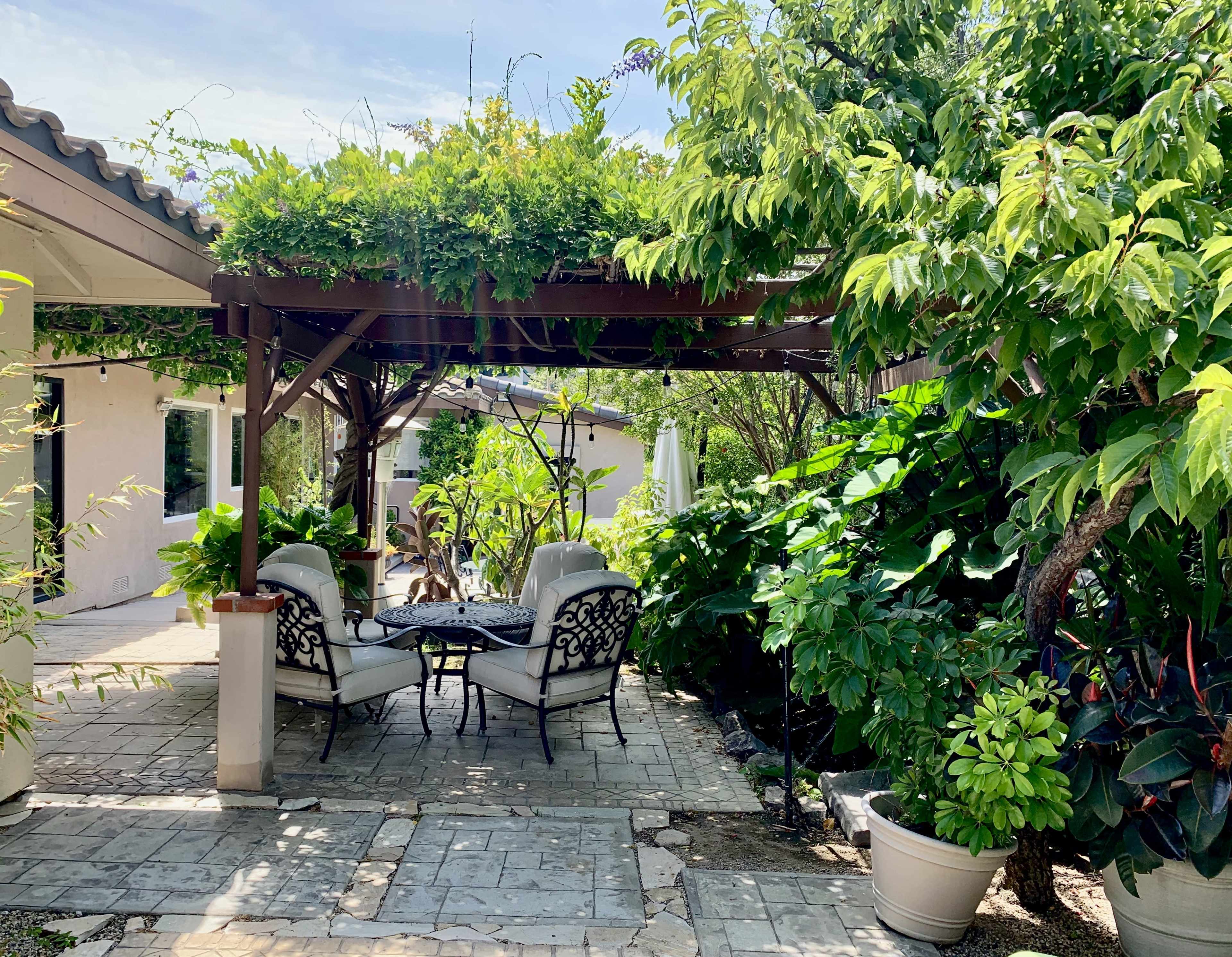 A patio area with a round table and two chairs surrounded by greenery and a wooden pergola.