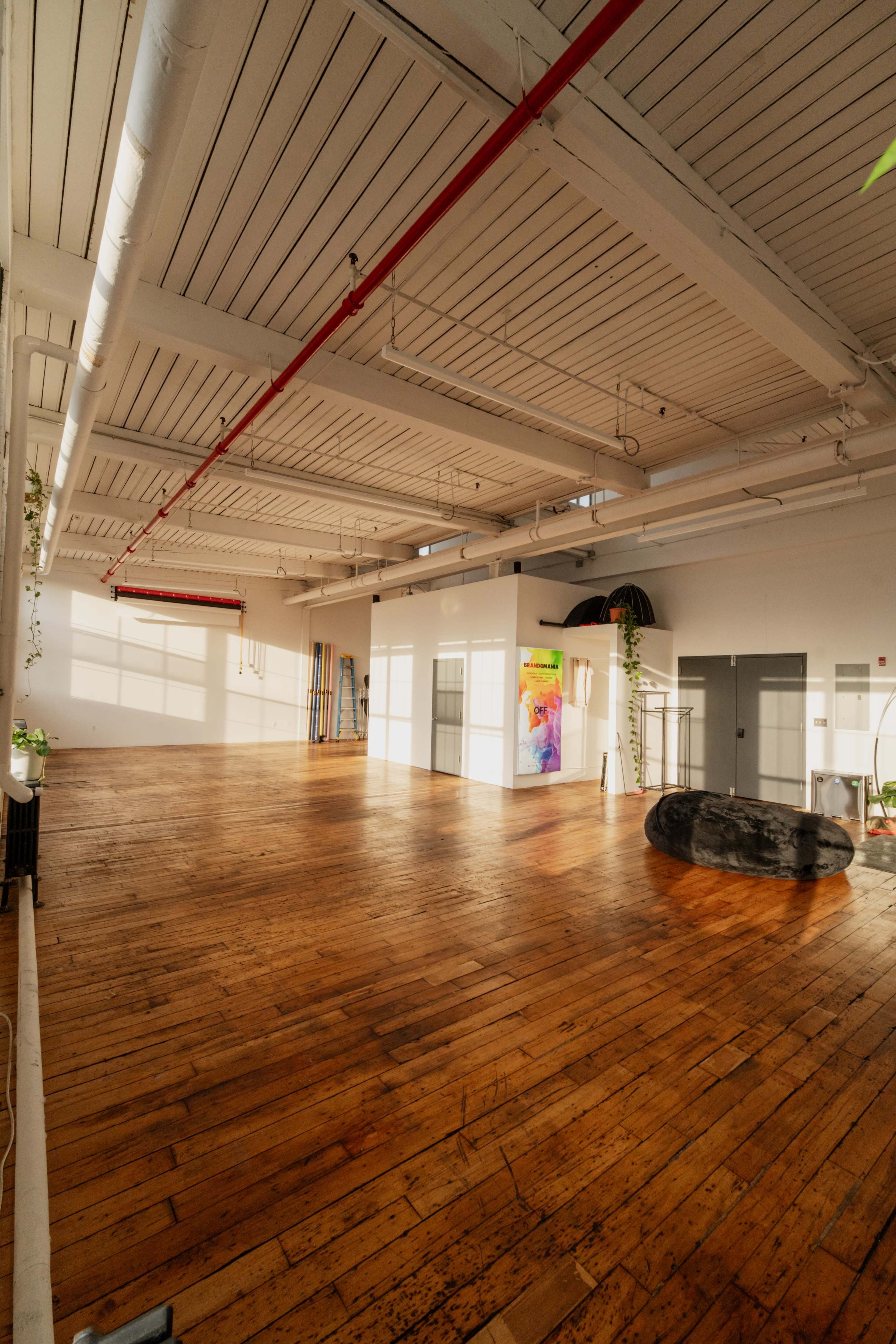 The image depicts a spacious, well-lit interior with wooden flooring and white walls, featuring various plants and an abstract artwork.