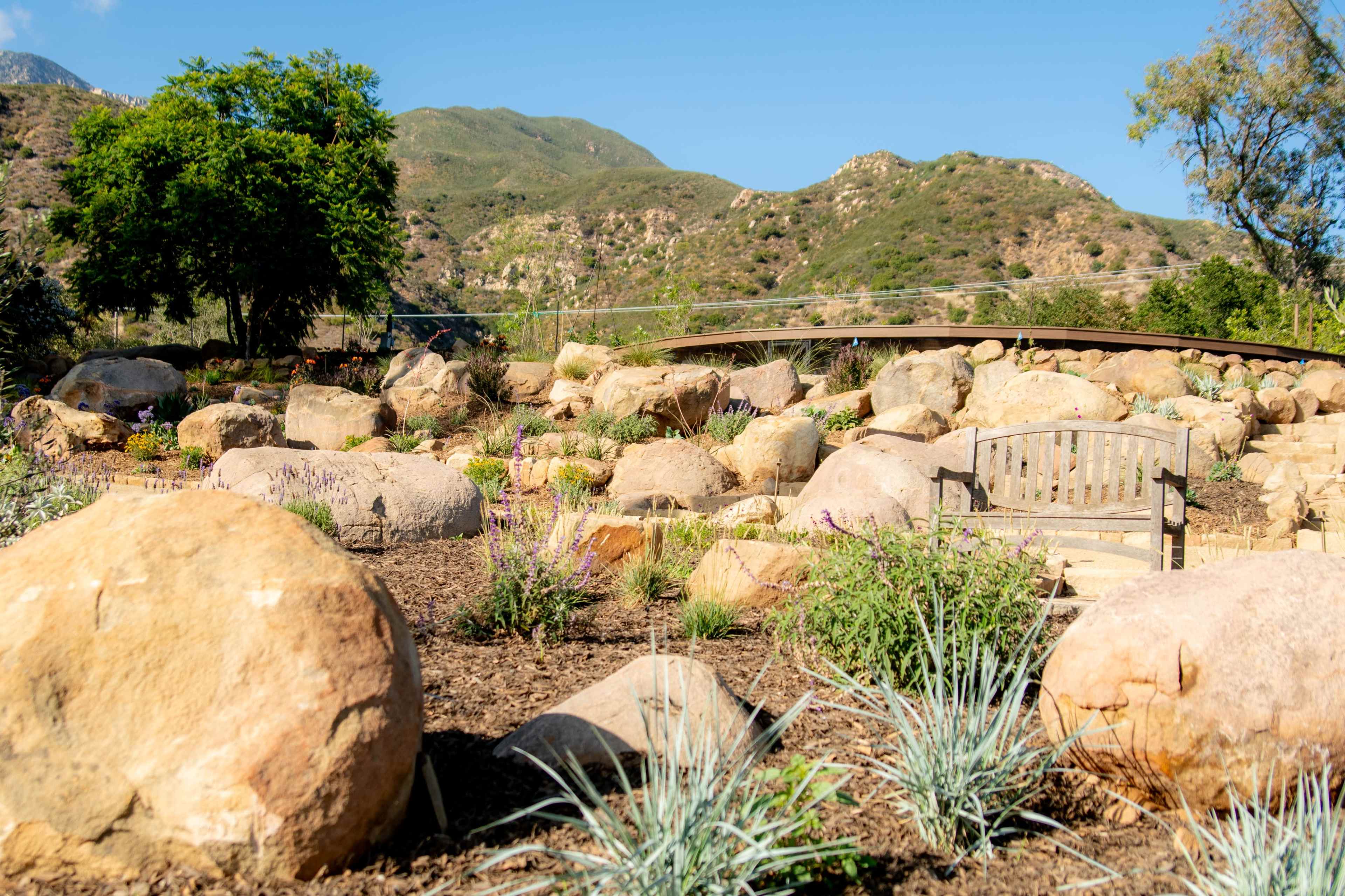 A serene garden features large boulders, sparse greenery, and a wooden bench, set against a backdrop of rolling hills.