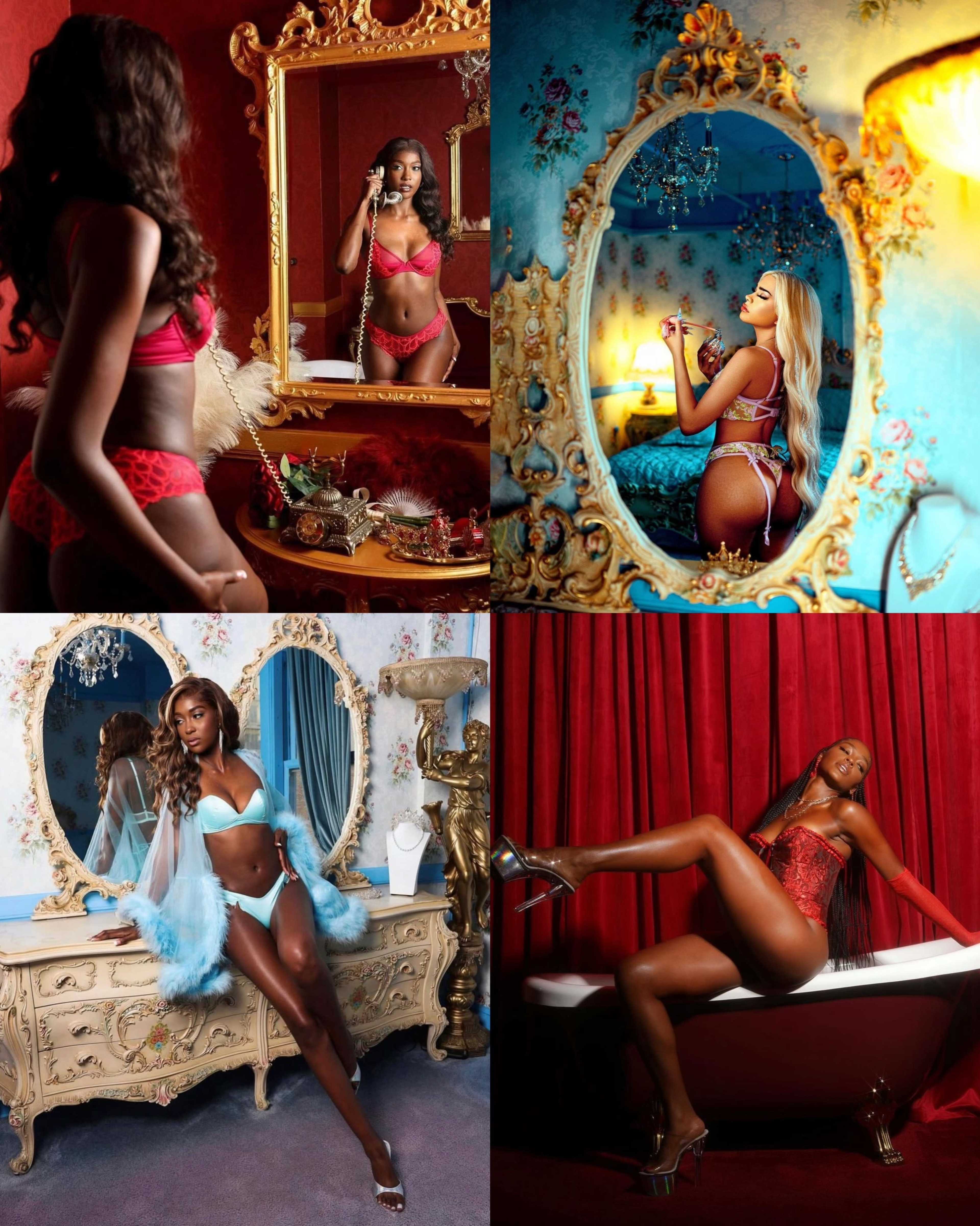 Four separate scenes of women posing in stylish lingerie, each set against distinct, luxurious backdrops with elegant decor and mirrors.