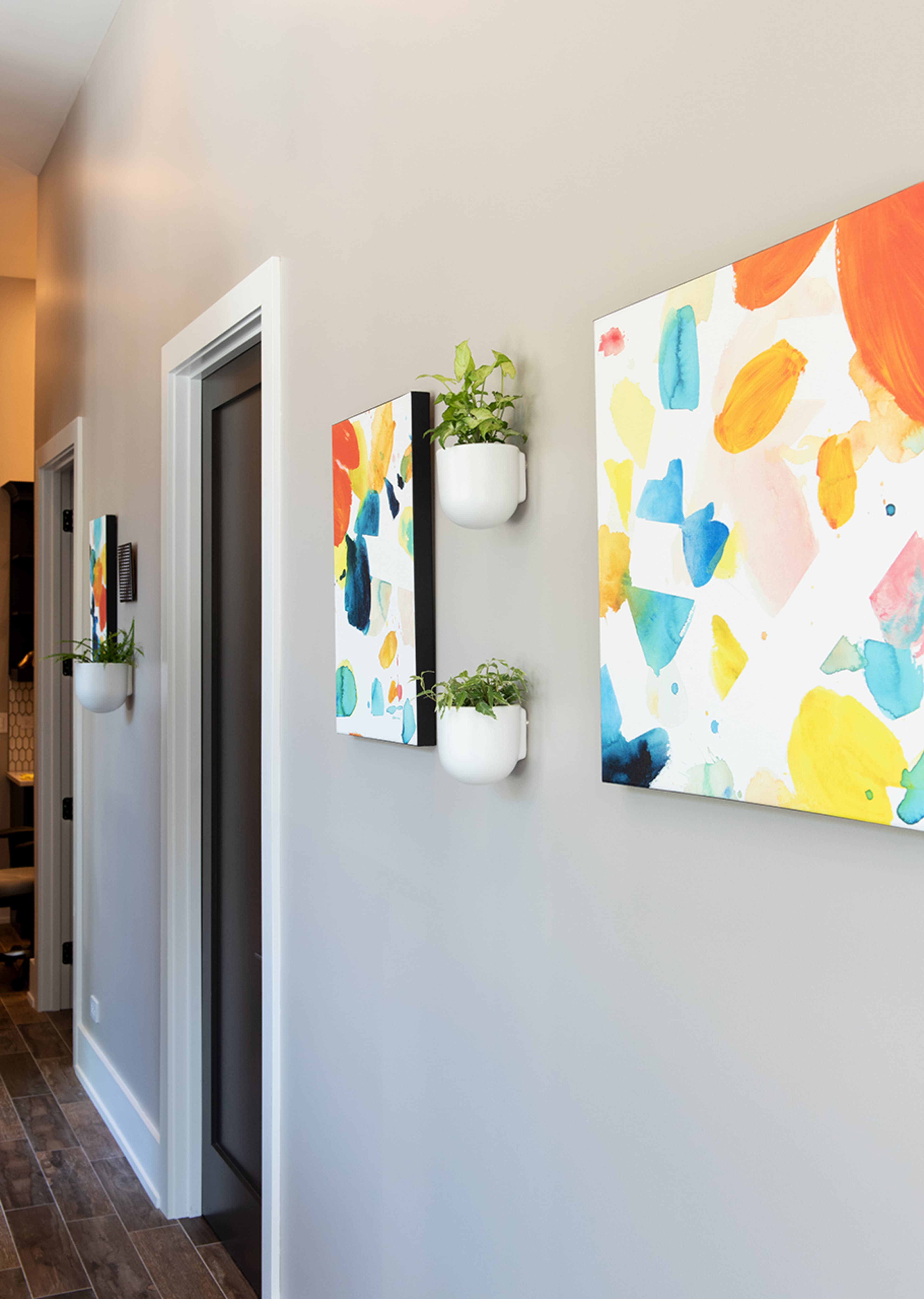 A narrow hallway with two colorful abstract paintings and two small potted plants mounted on the wall.