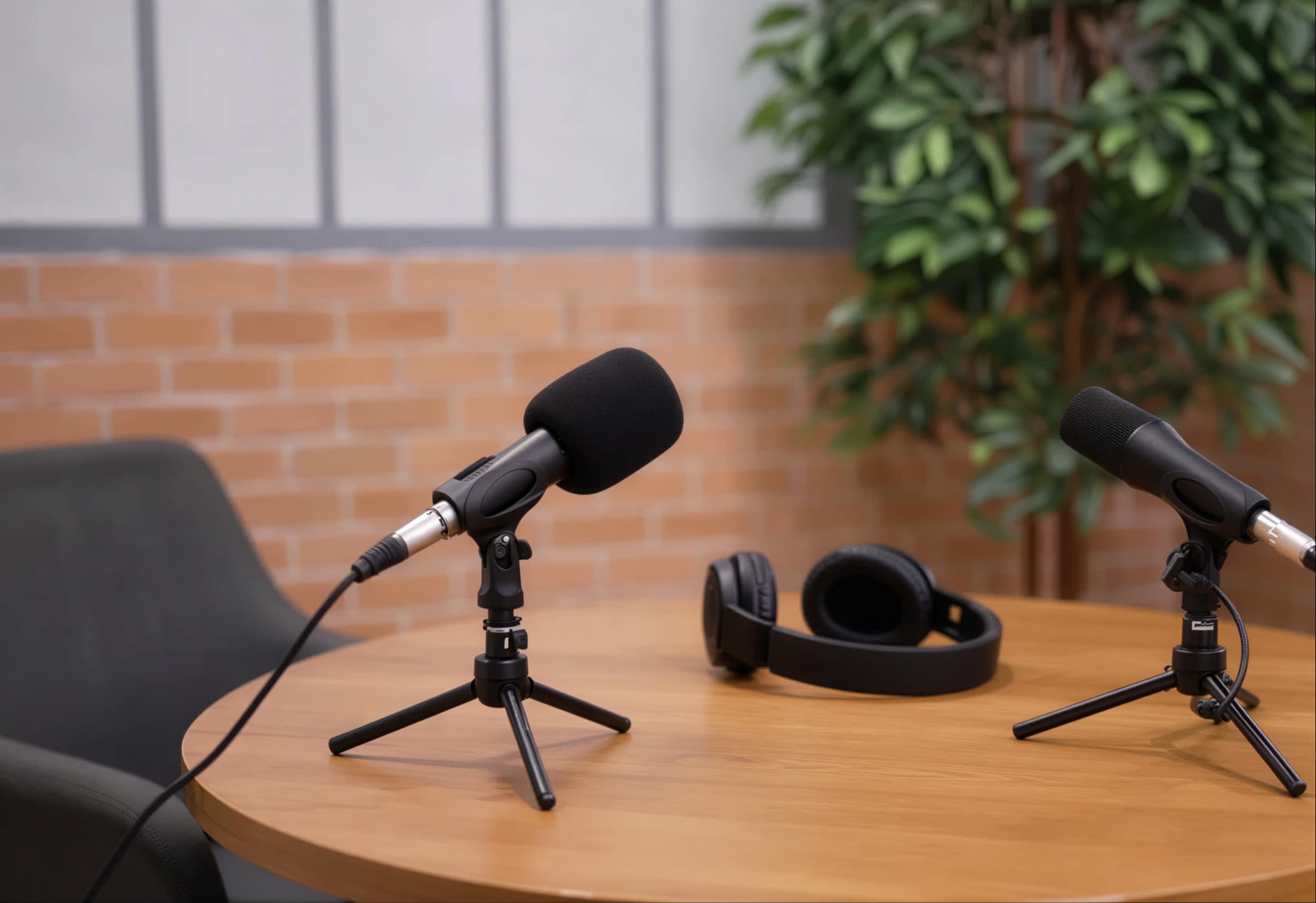 Two microphones on tripods and a pair of headphones rest on a wooden table in a room with a brick wall and a potted plant.