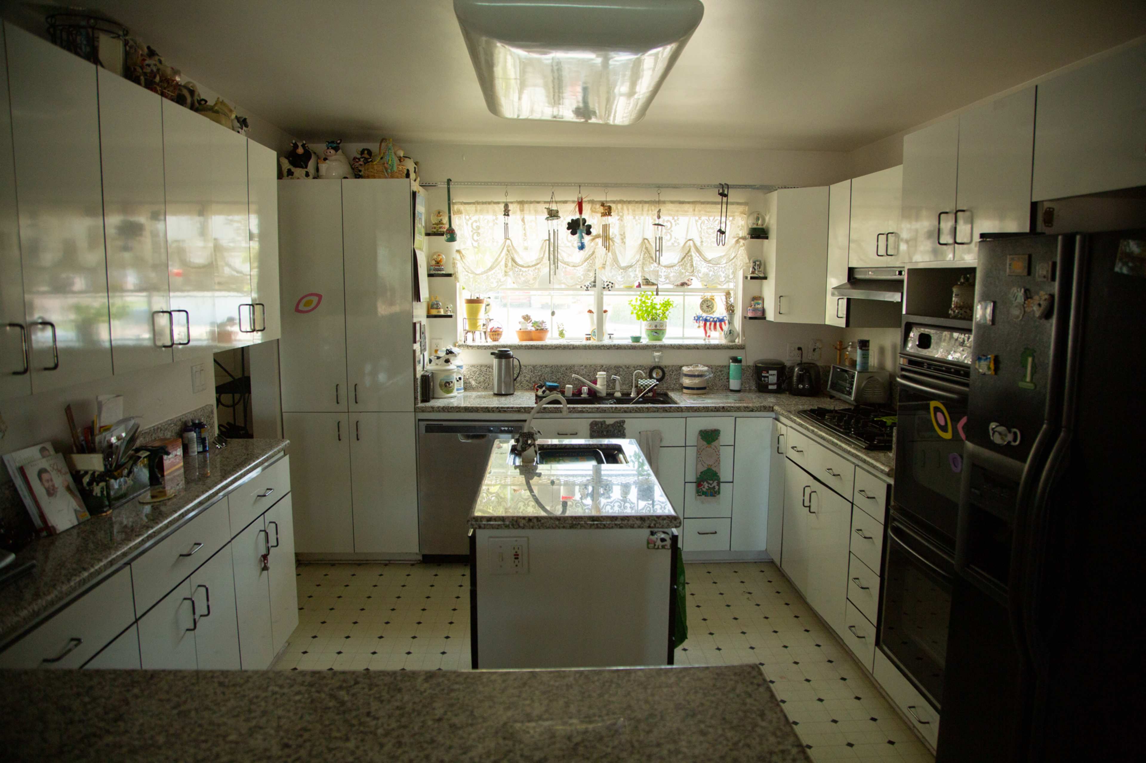 A kitchen with white cabinets, a granite countertop, and a large window above the sink displaying various plants.