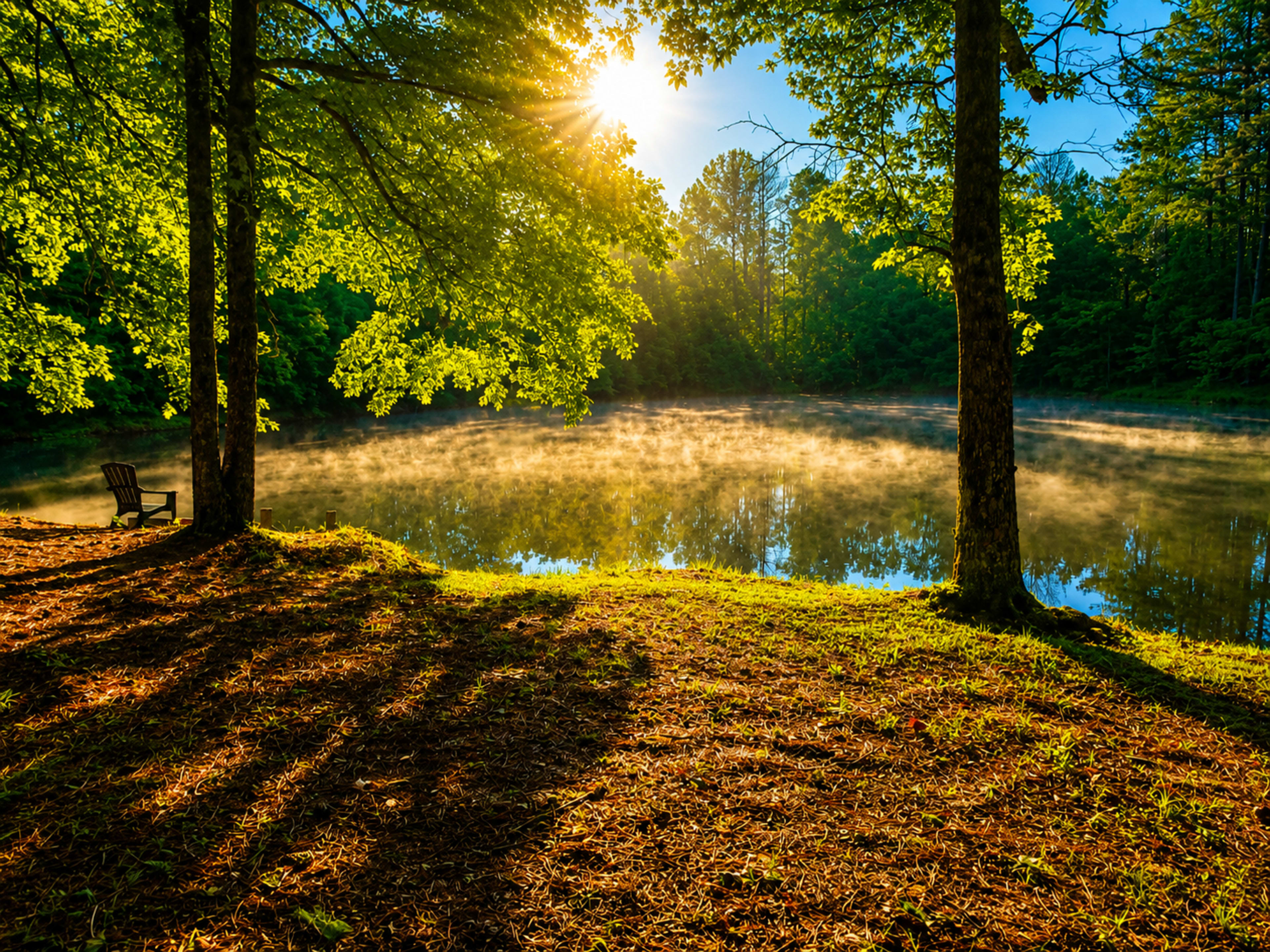 A wooden chair sits on the bank of a misty lake surrounded by lush green trees, with sunlight filtering through the leaves.