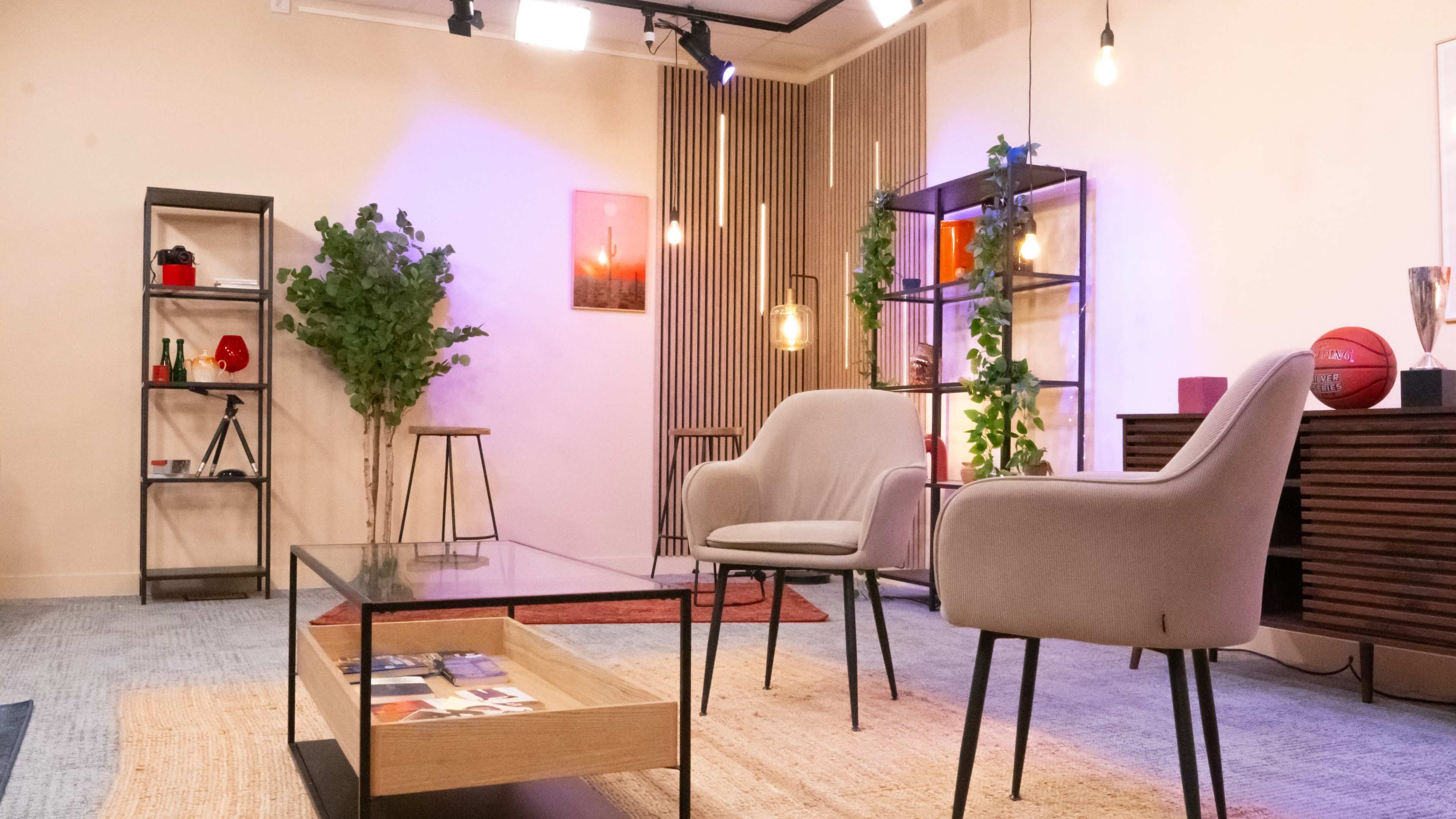 The image shows a modern interior setup featuring two chairs, a coffee table, shelving units, and decorative plants, with warm lighting and a basketball in the scene.