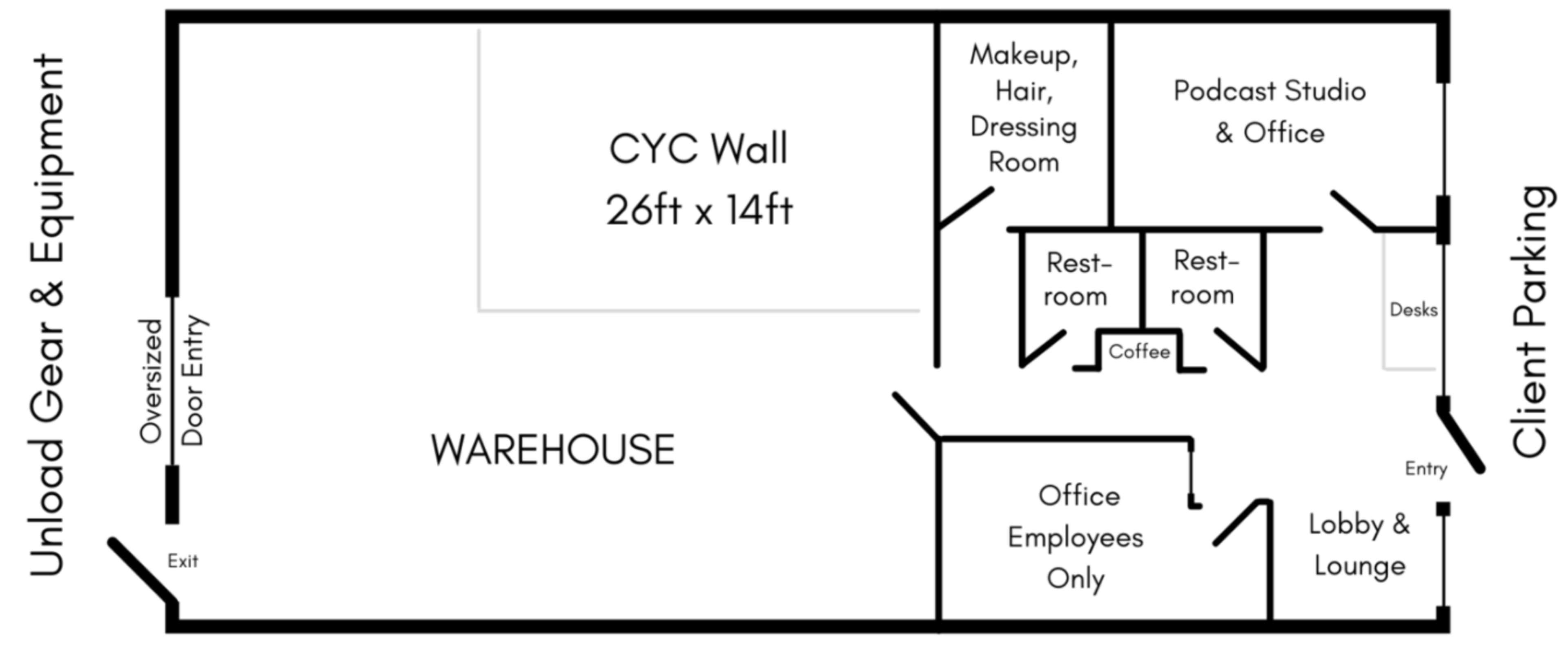 The layout plan depicts a warehouse with designated areas for a podcast studio, dressing room, restrooms, and client parking.