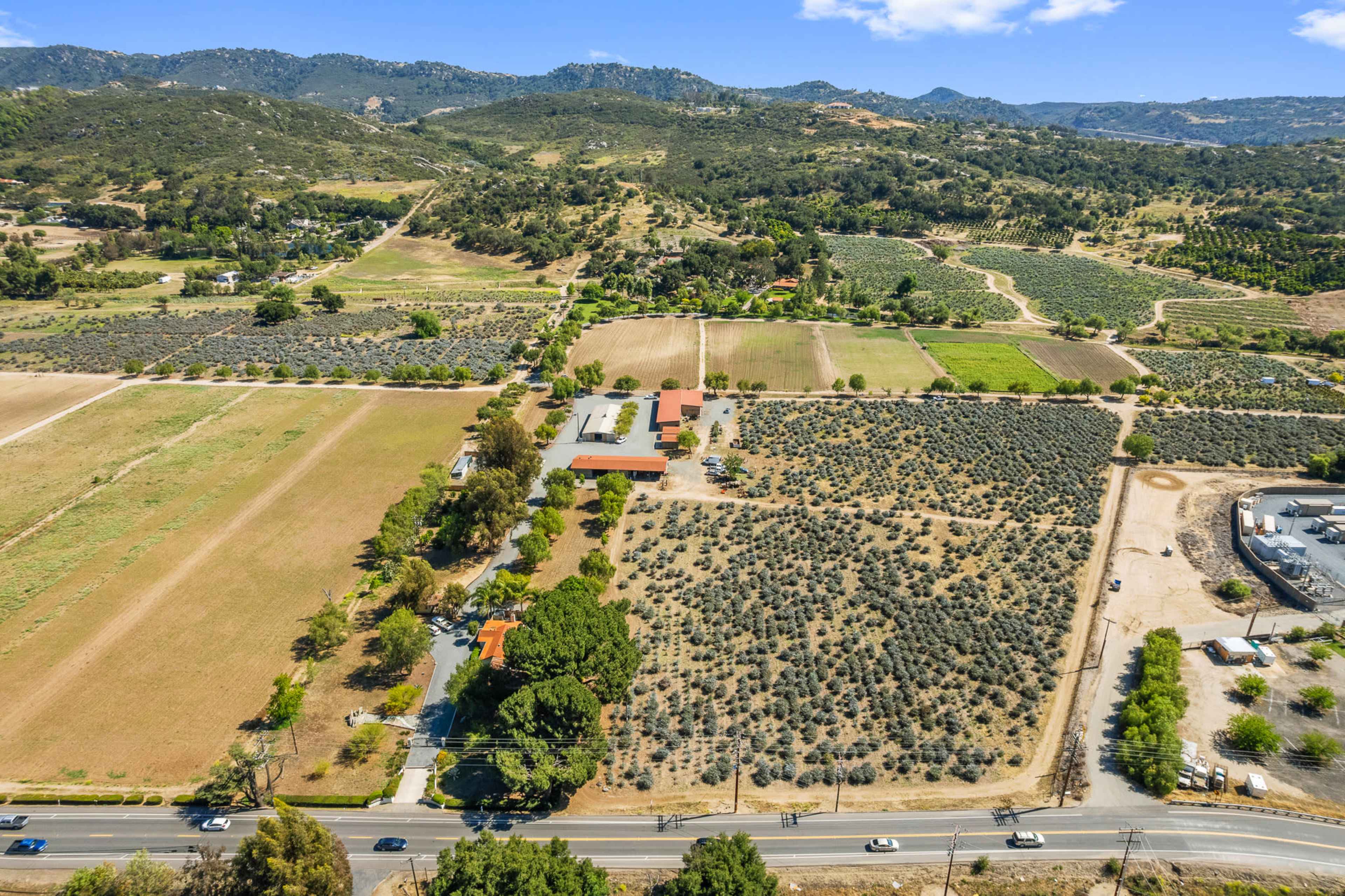 The image shows a sprawling landscape with rolling hills, agricultural fields, and rows of trees, bordered by a road at the bottom.