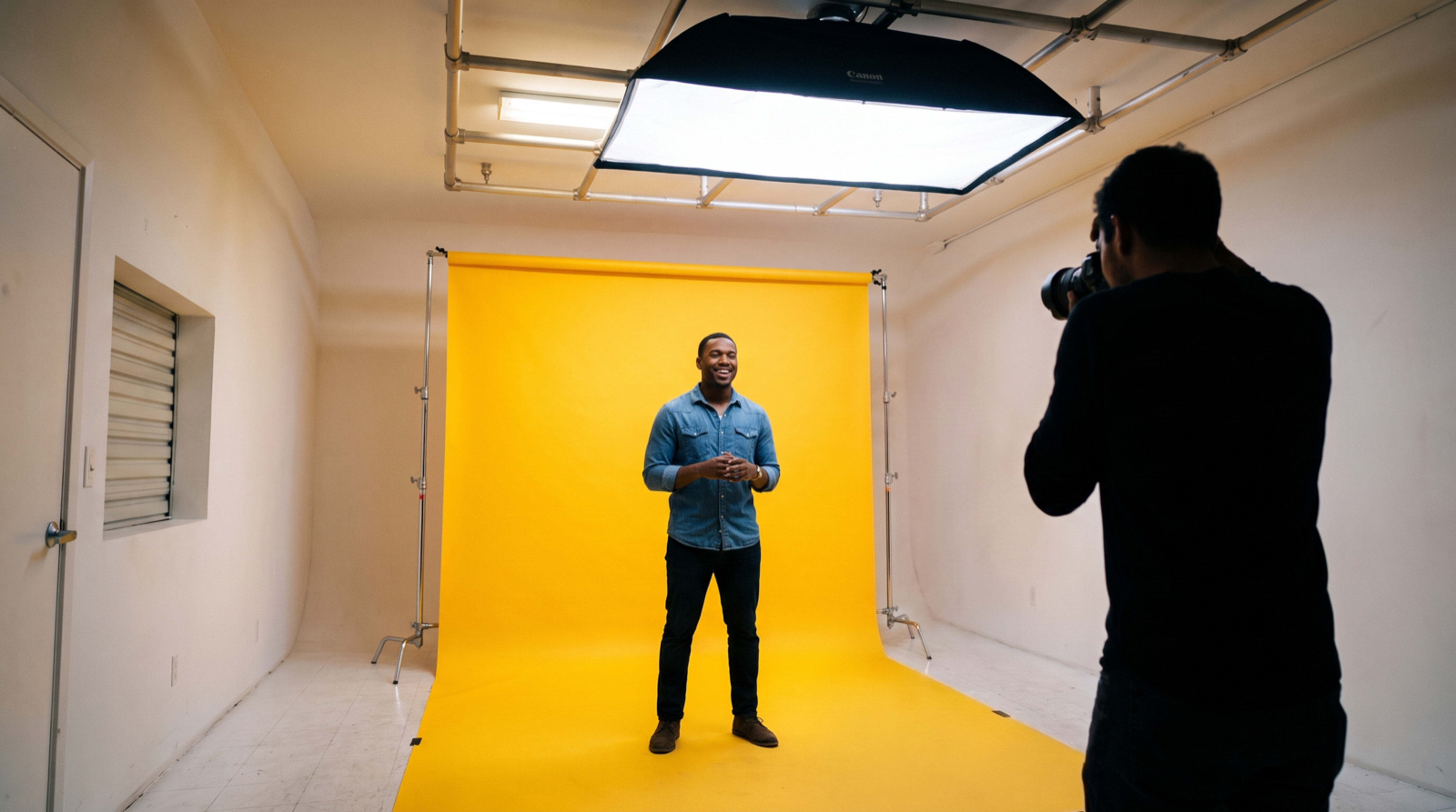 A man stands in front of a yellow backdrop while being photographed by another person.
