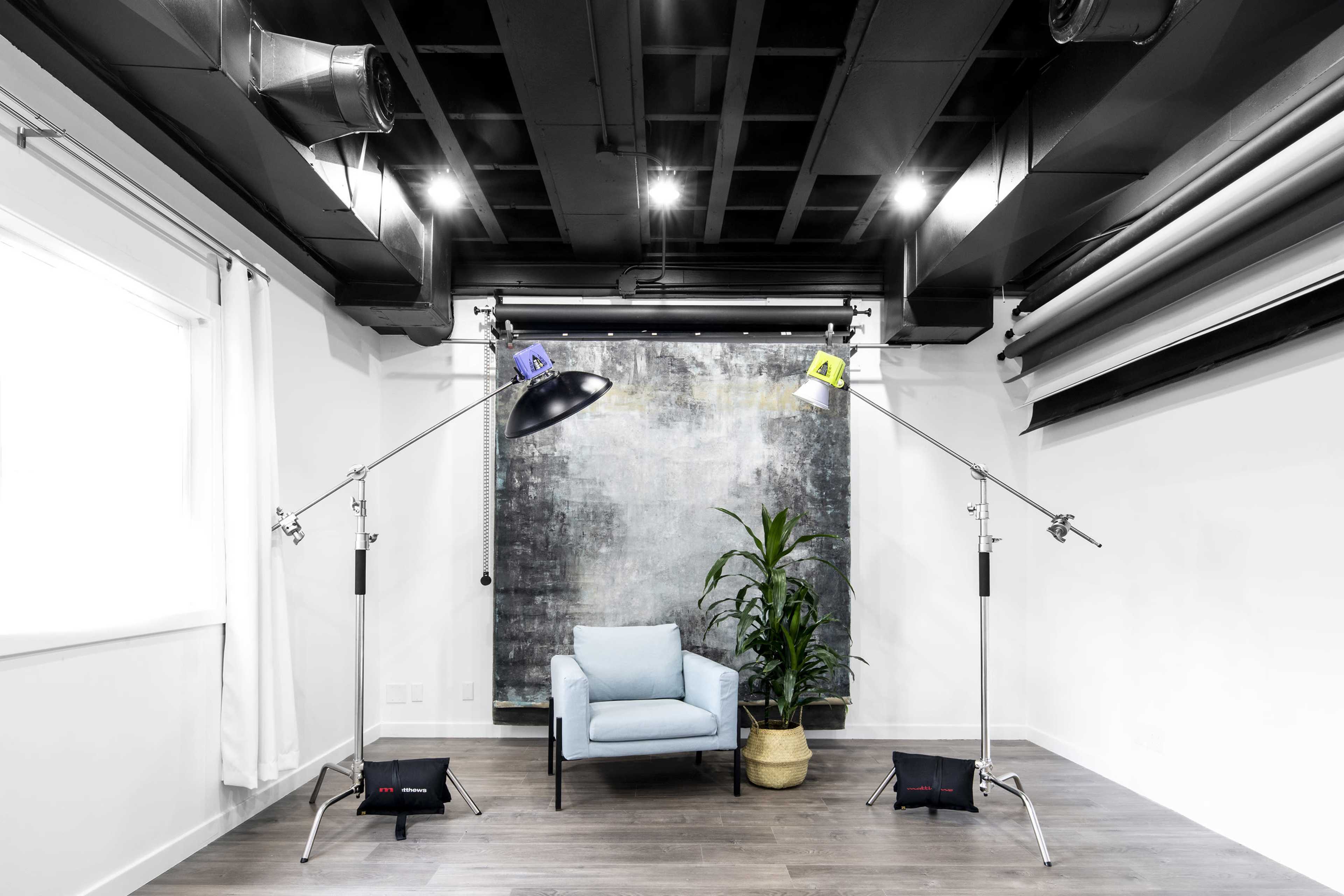 A blue armchair is positioned between two studio lights in a room with a textured backdrop and indoor plants.