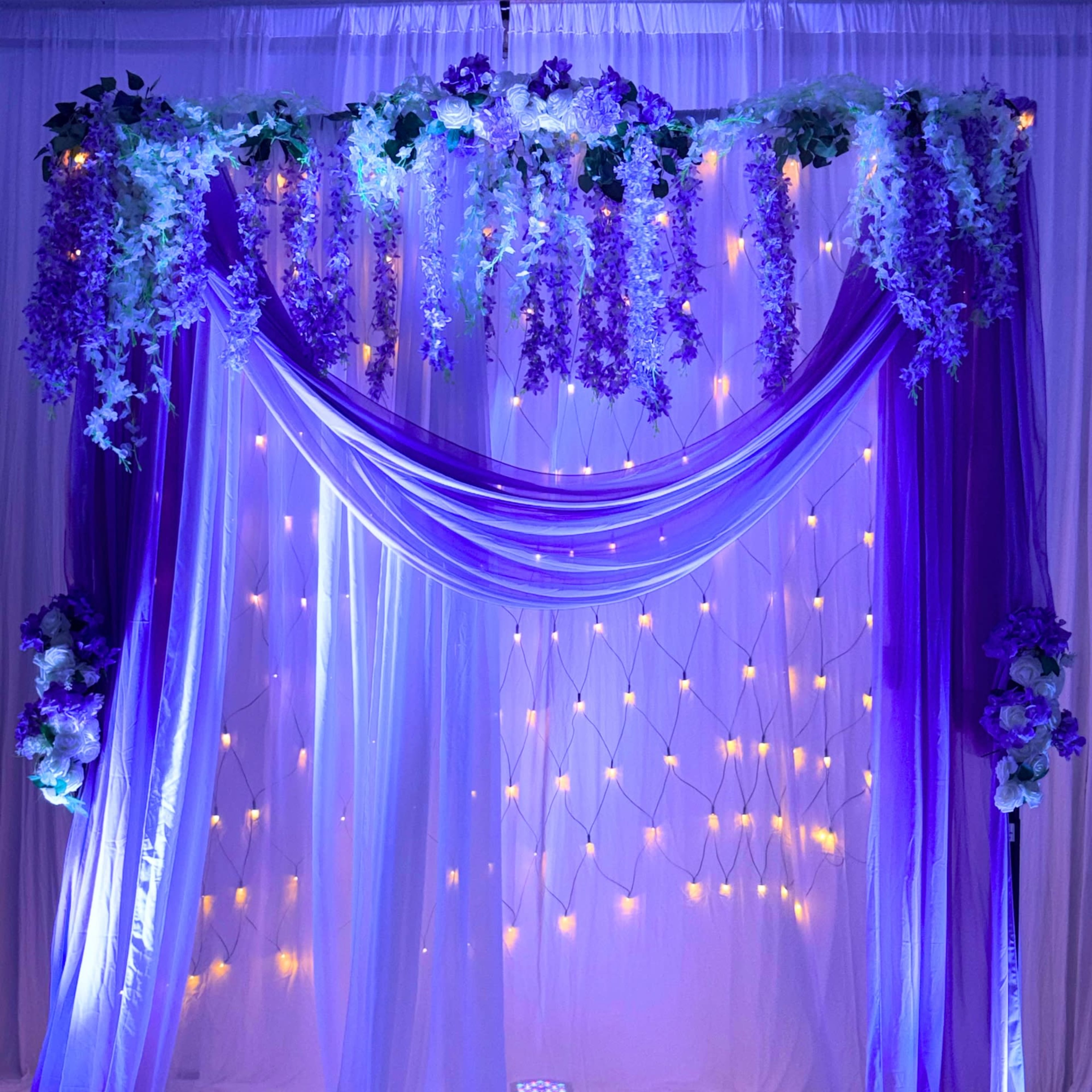 The image features a decorative backdrop with purple drapes, floral arrangements, and fairy lights, creating an elegant scene.