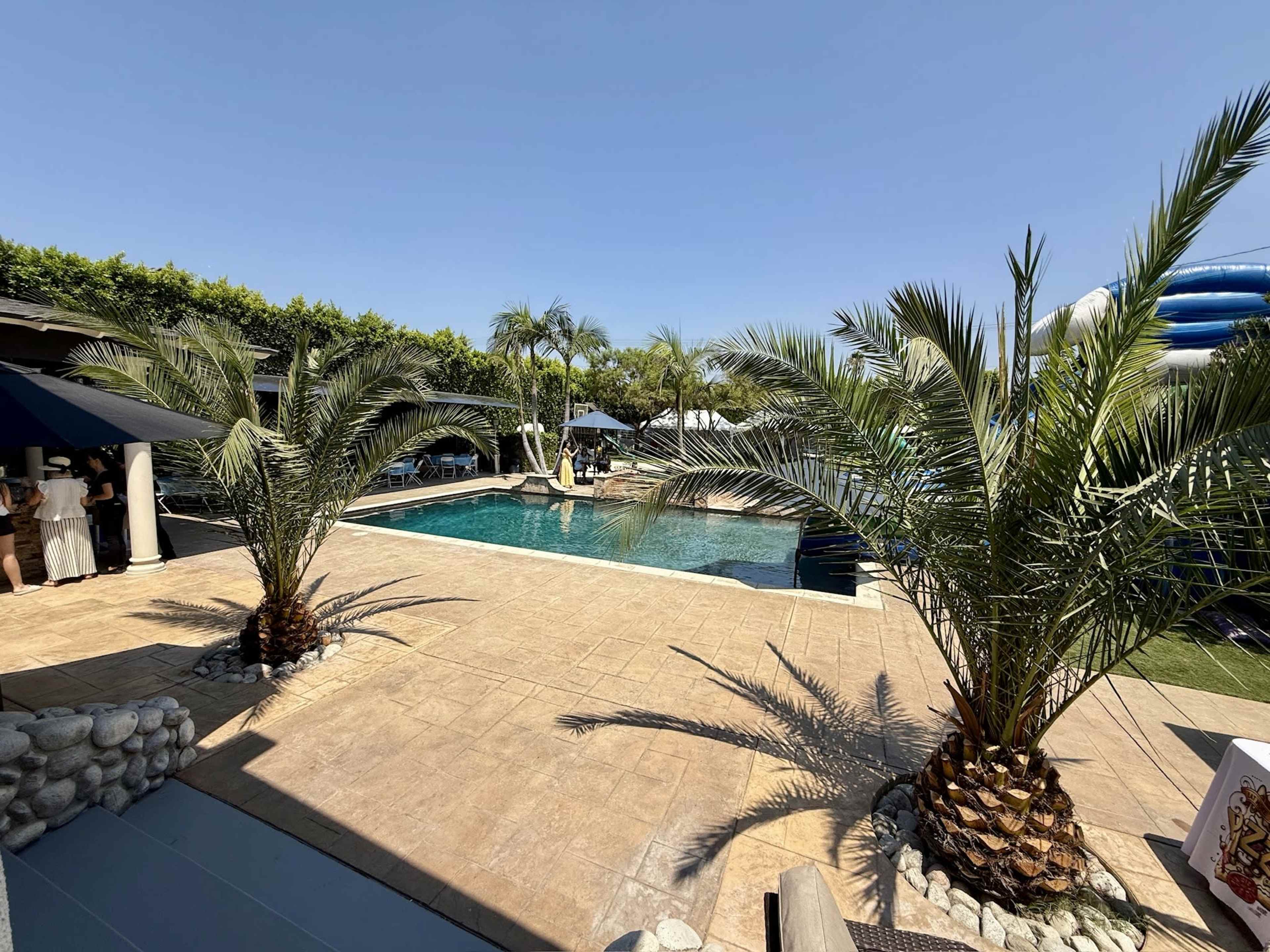 A spacious pool area features palm trees, sun loungers, and a water slide, surrounded by greenery under clear blue skies.