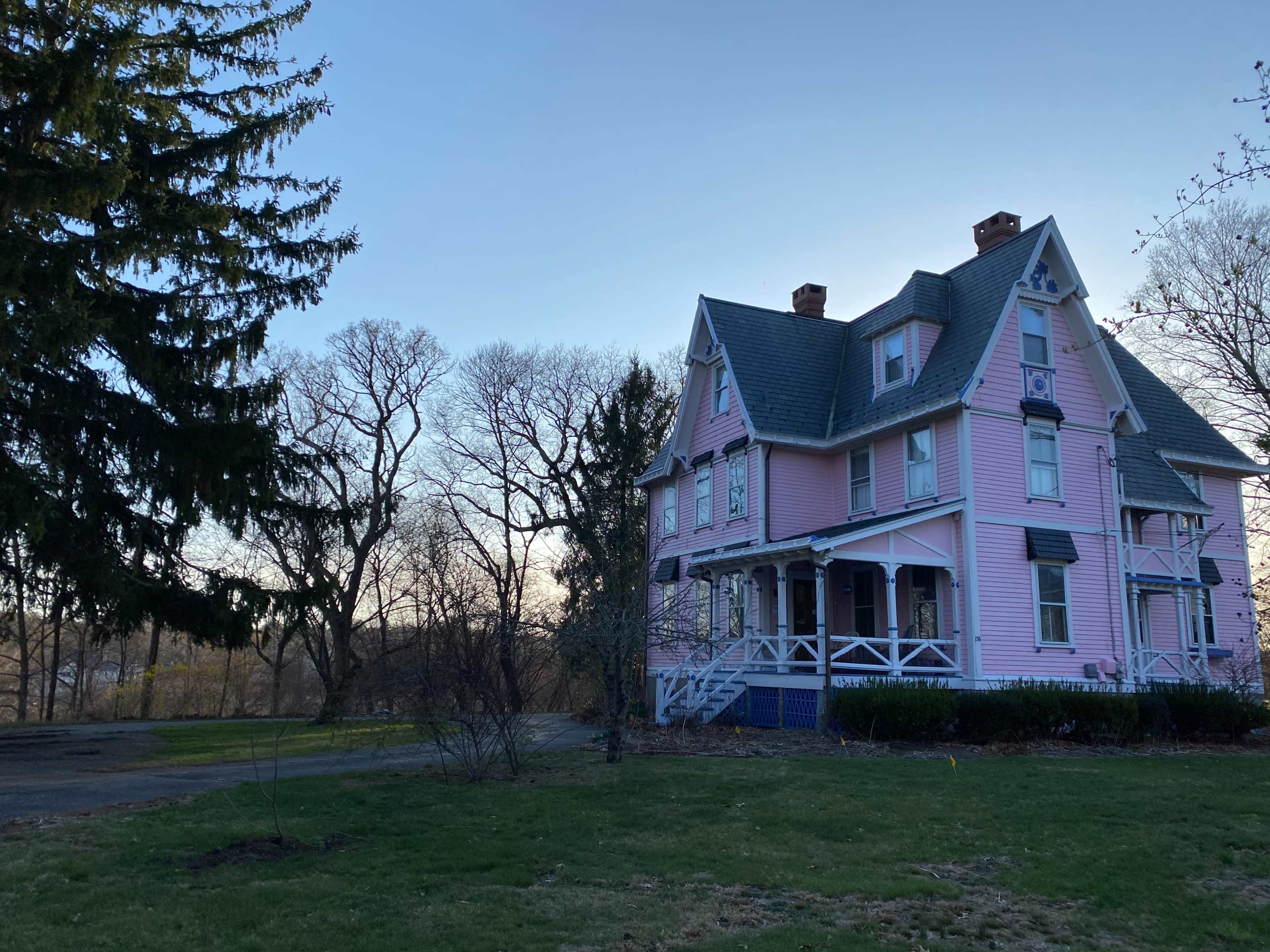 A large pink Victorian house stands at the edge of a grassy area, surrounded by bare trees and a clear sky.