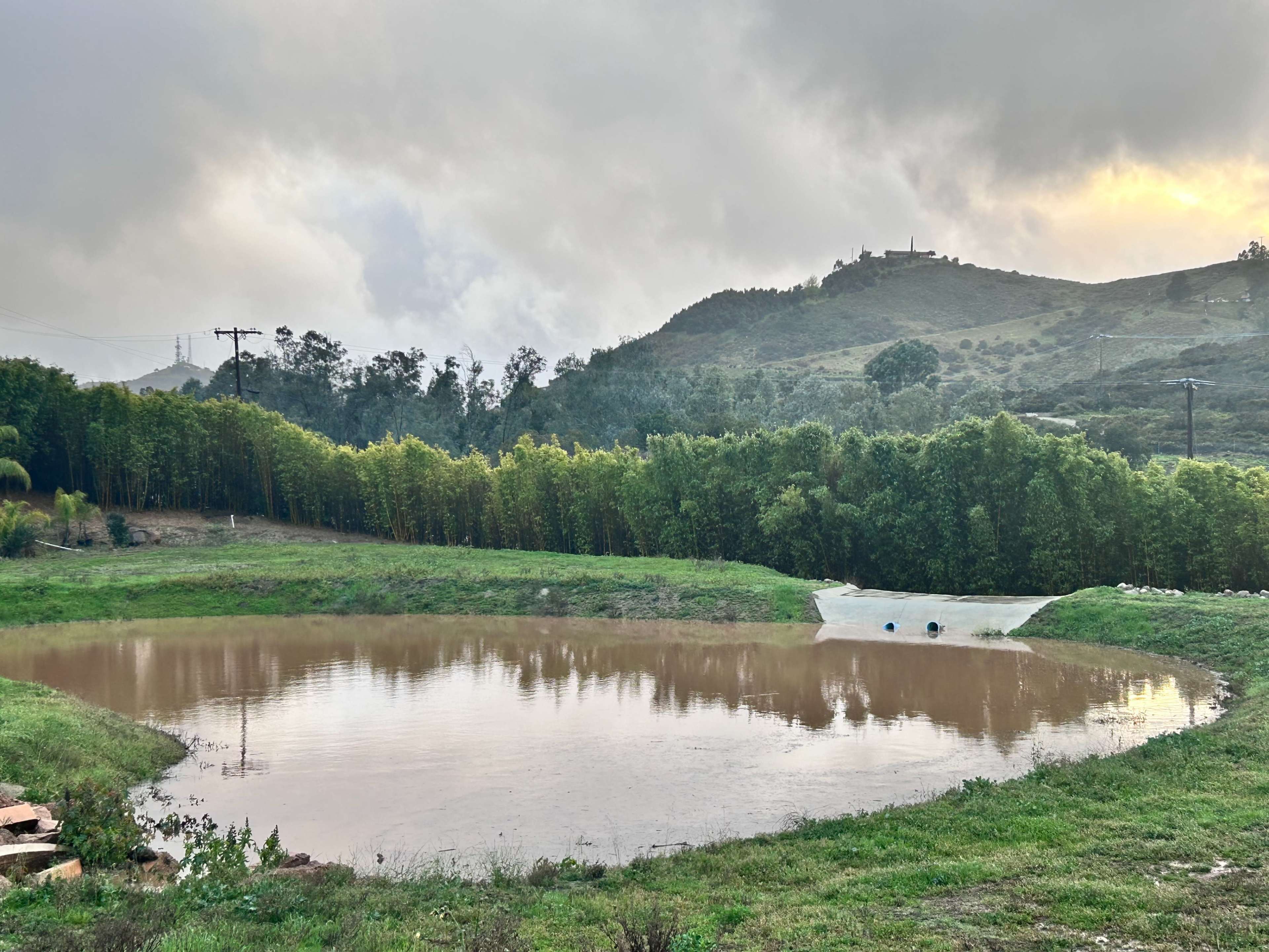 A muddy pond reflects the cloudy sky, surrounded by greenery and hills in the background.