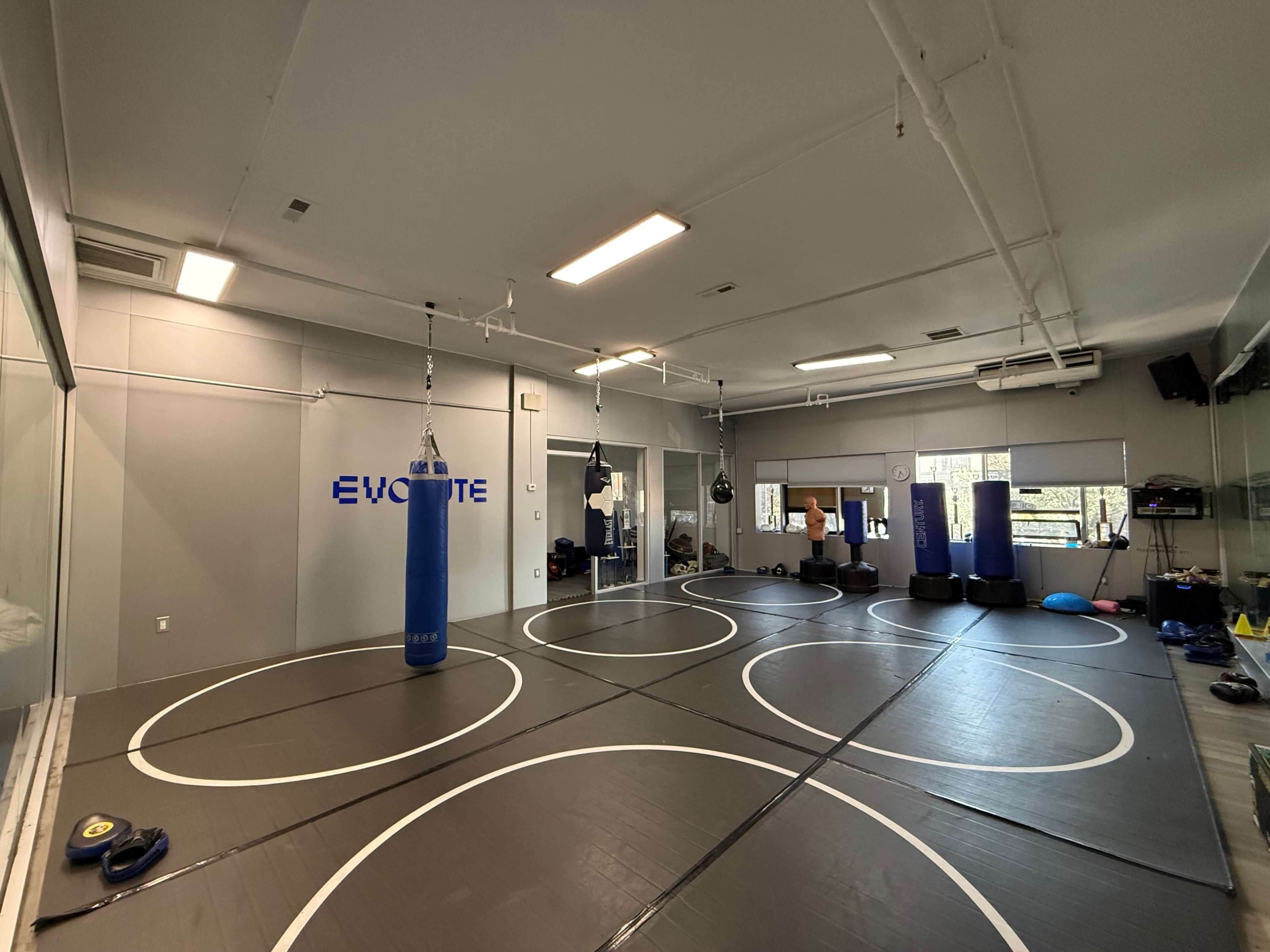The image shows an empty martial arts studio with padded flooring, various training equipment, and mirrors on the walls.