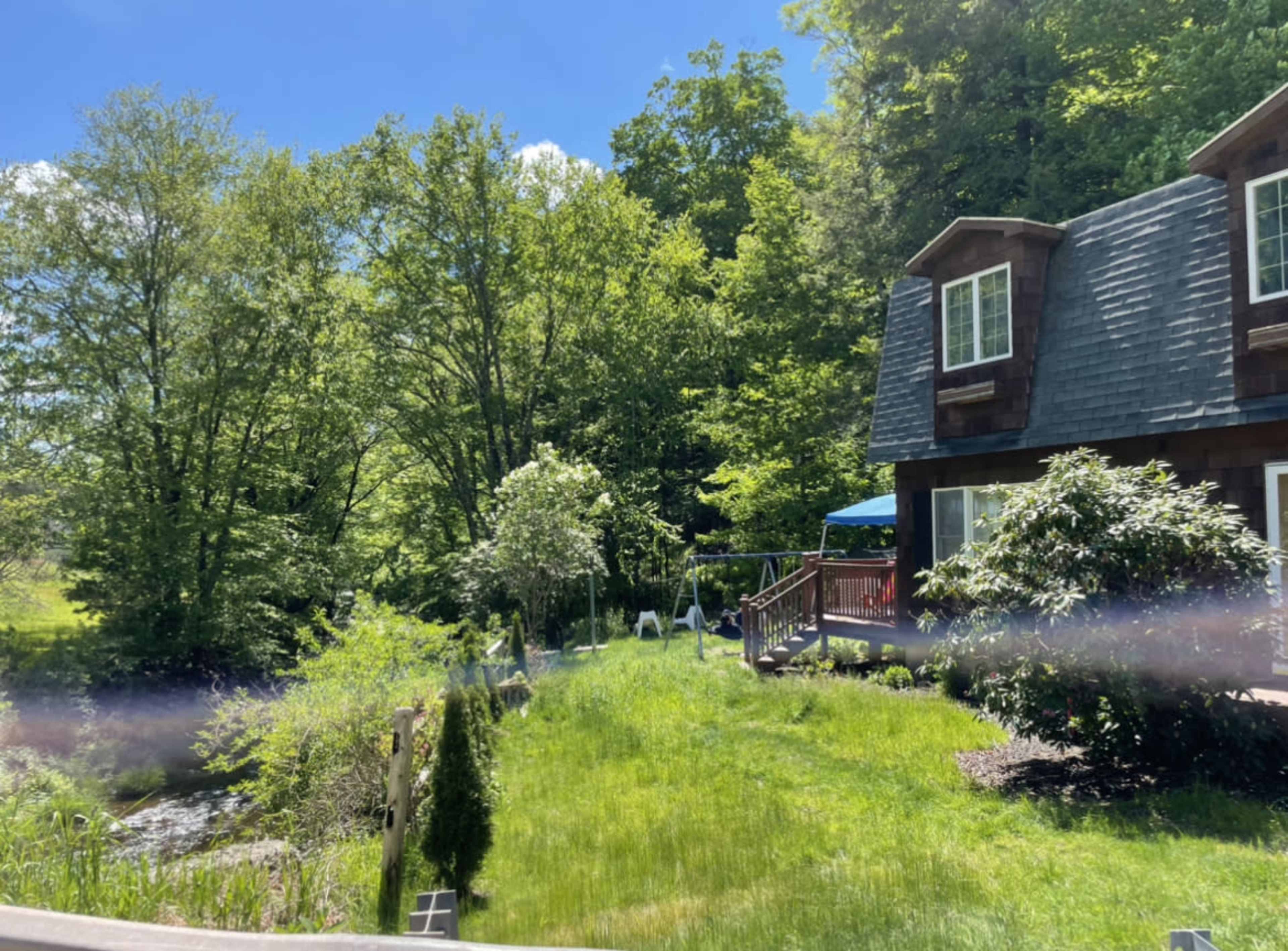 A house with a sloped roof stands near a stream, surrounded by greenery and trees.