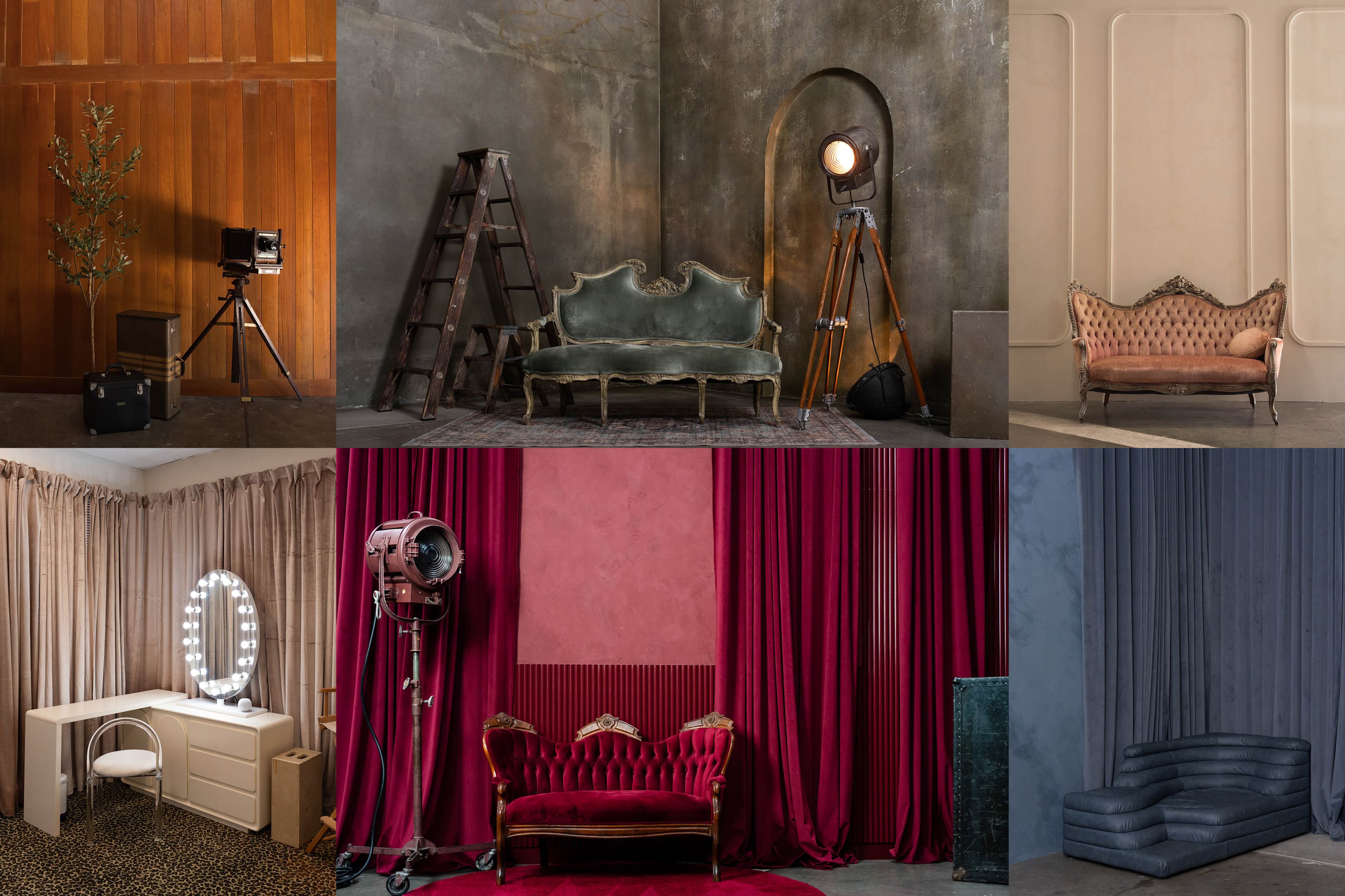 The image features a collage of various styled interiors, showcasing vintage and contemporary furniture, lighting, and decorative backdrops.