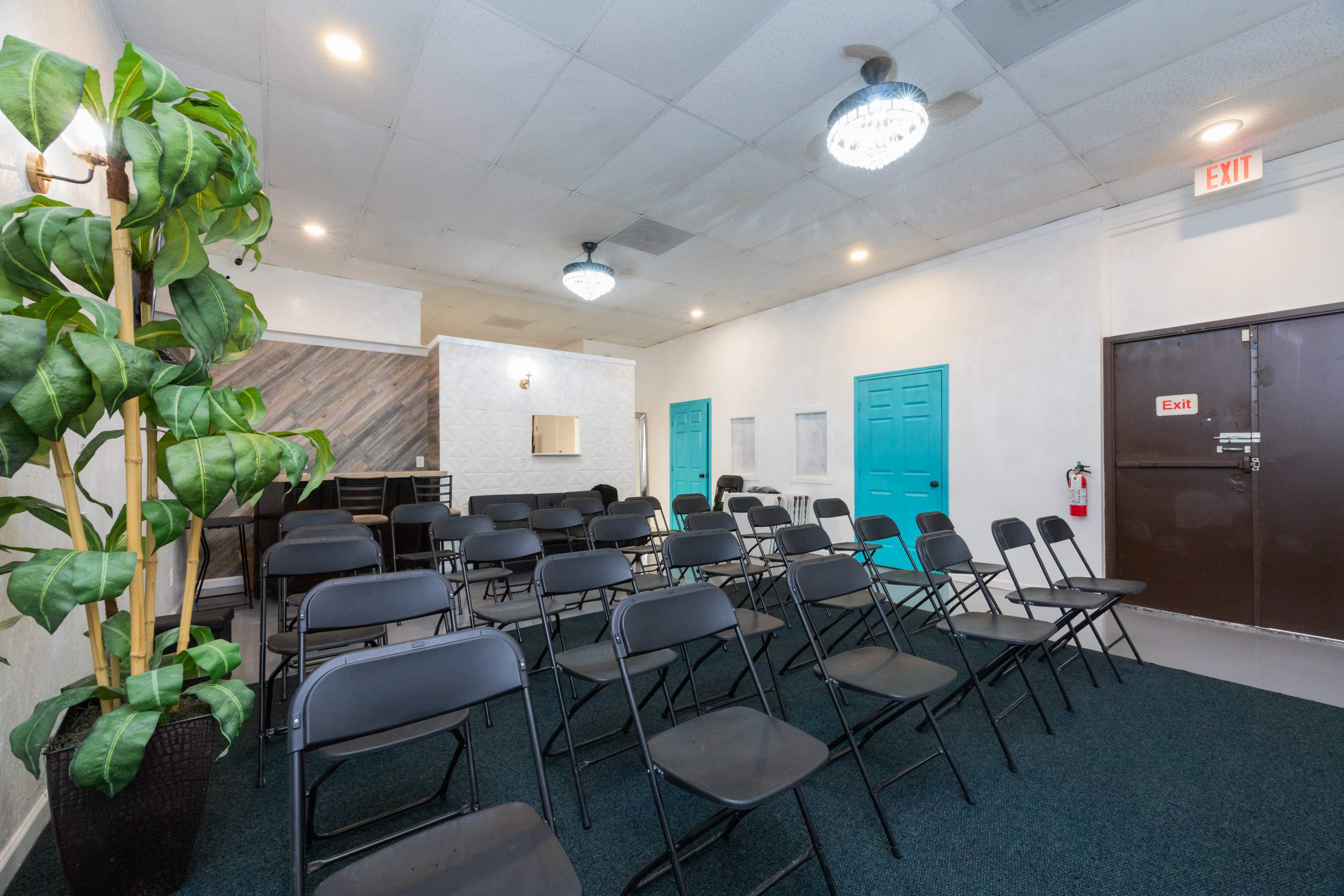 A room with several rows of black chairs facing a wall, featuring a potted plant and brightly colored blue doors.