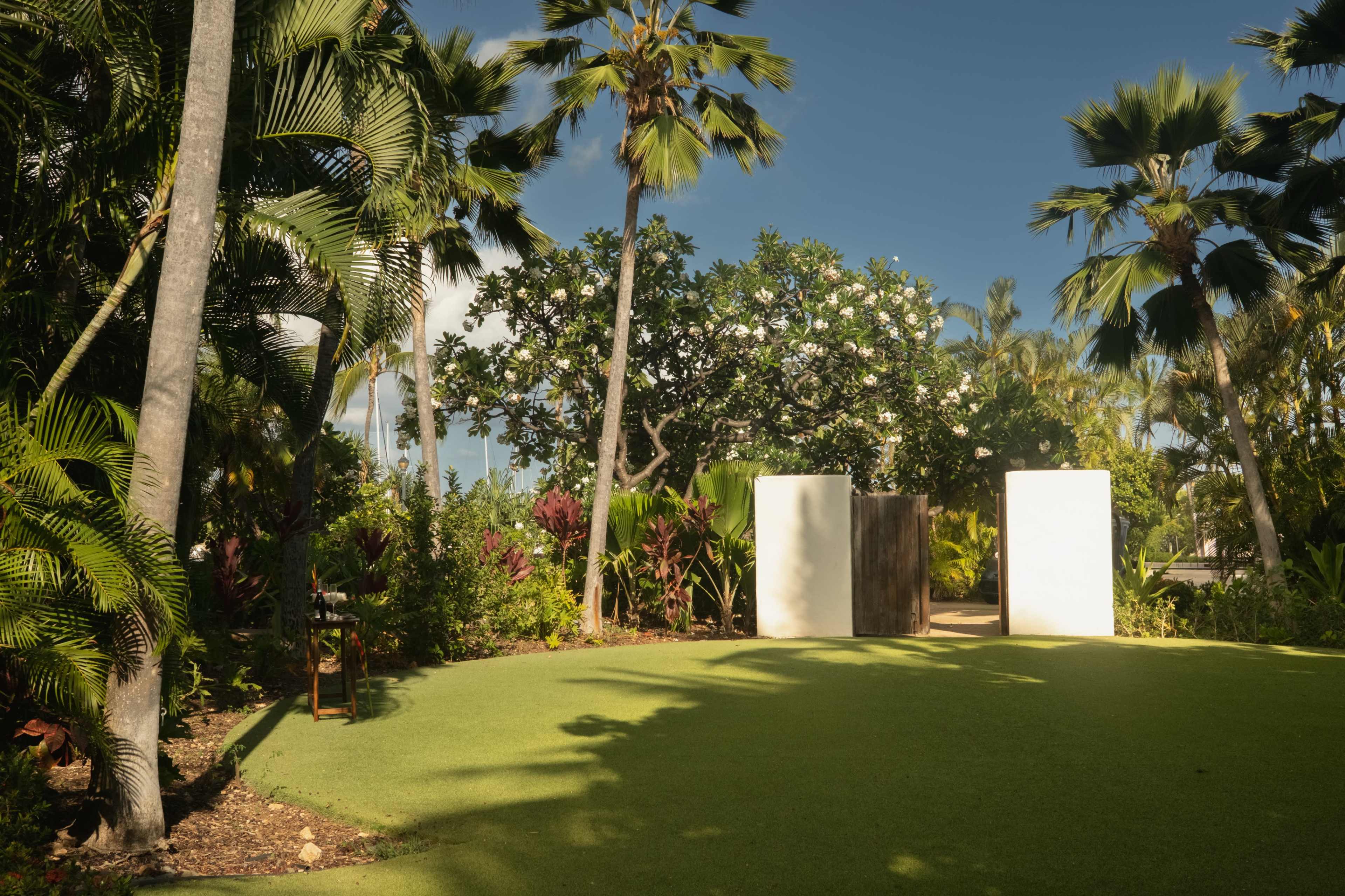 The scene features a well-maintained garden with lush green grass, tropical plants, and two contrasting walls, one white and one wooden, amid palm trees and flowering bushes.