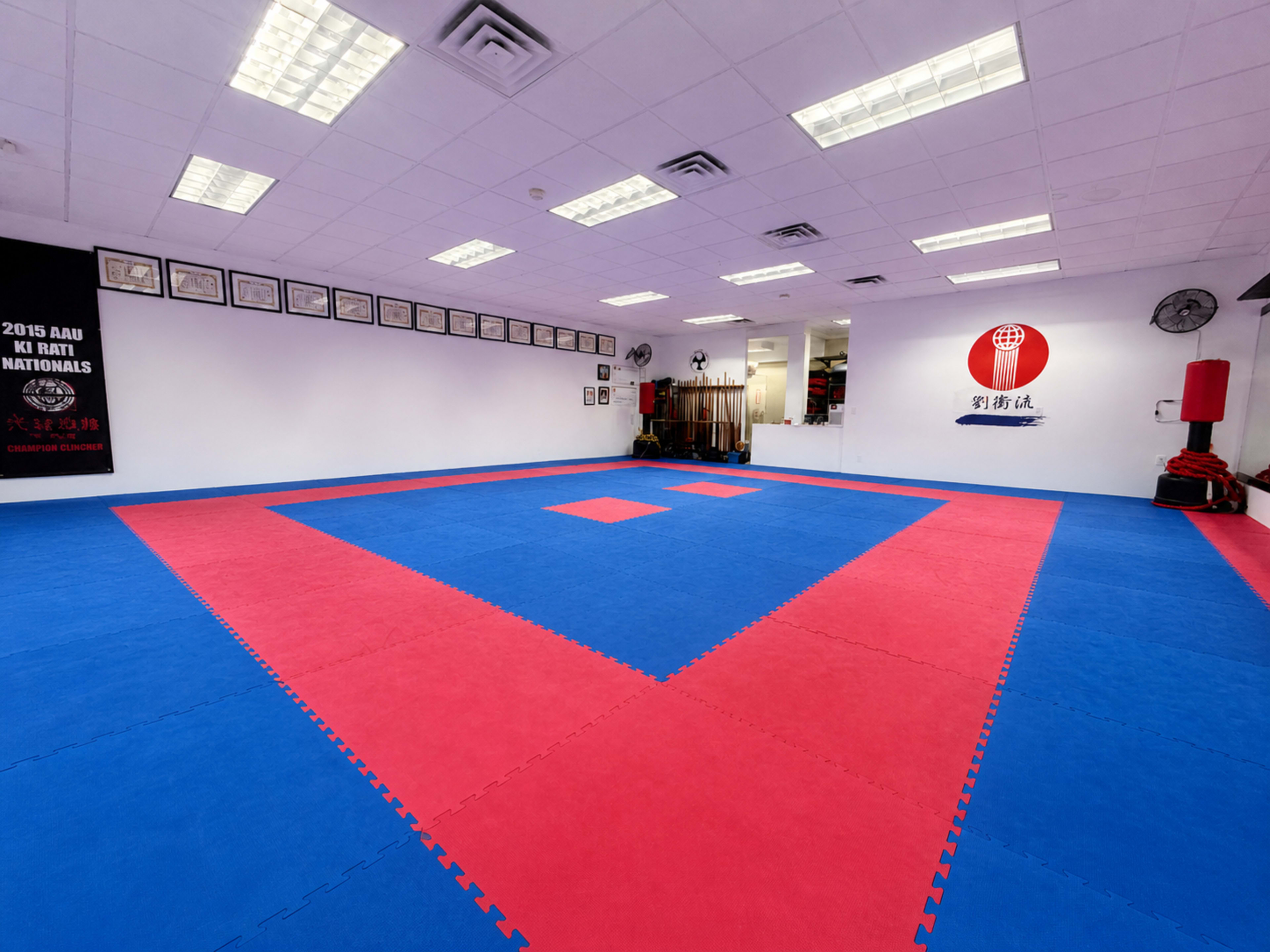 The image shows a spacious martial arts training room with red and blue mats and a minimalist decor featuring wall hangings and training equipment.