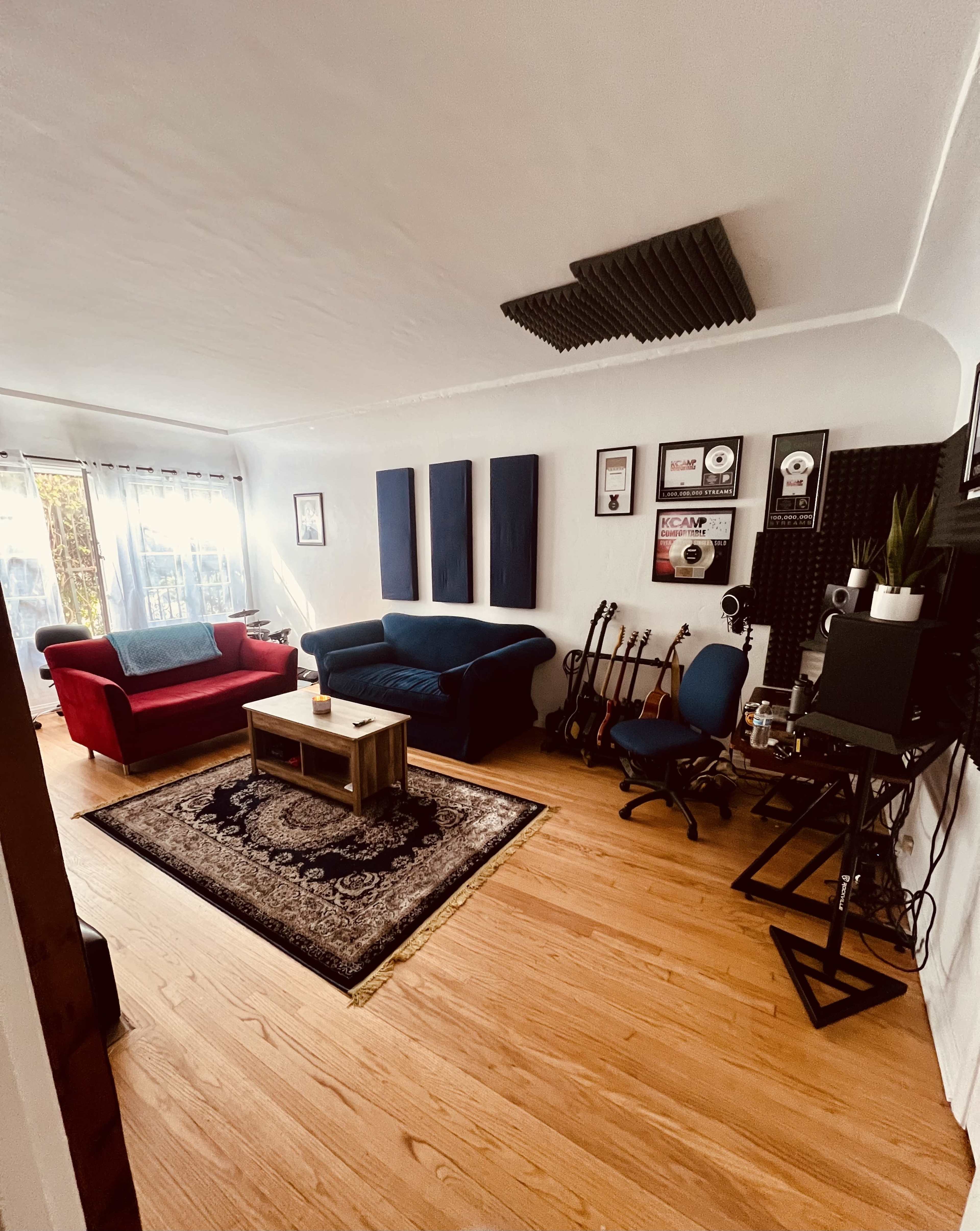 A cozy room featuring two sofas, a coffee table, a rug, an array of musical instruments, and acoustic panels on the walls.