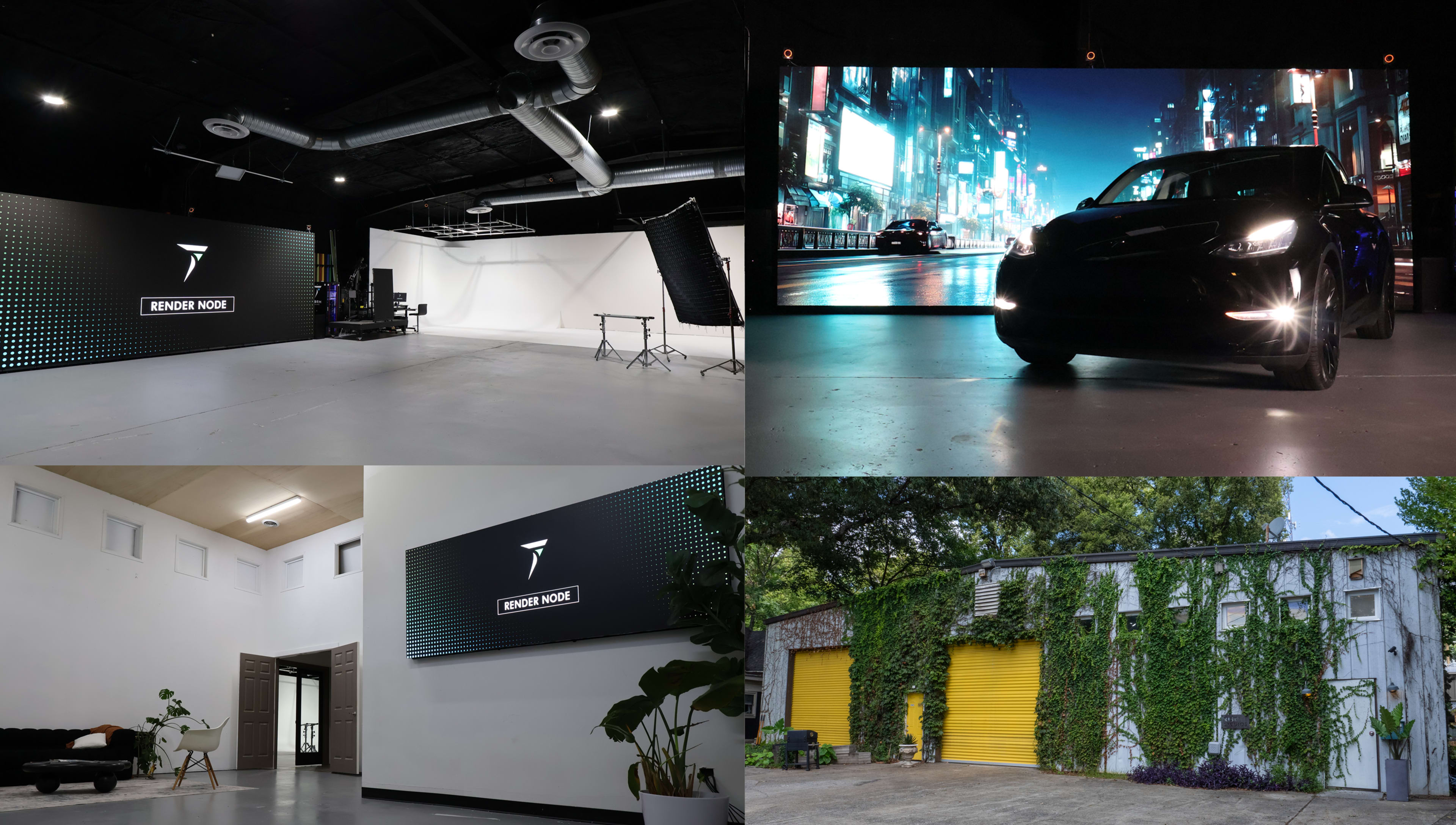 The image shows a collage of four distinct settings: a photography studio with lighting equipment, a modern office space with a digital display, an urban scene featuring a car against illuminated cityscapes, and an exterior of a building with yellow doors and greenery.