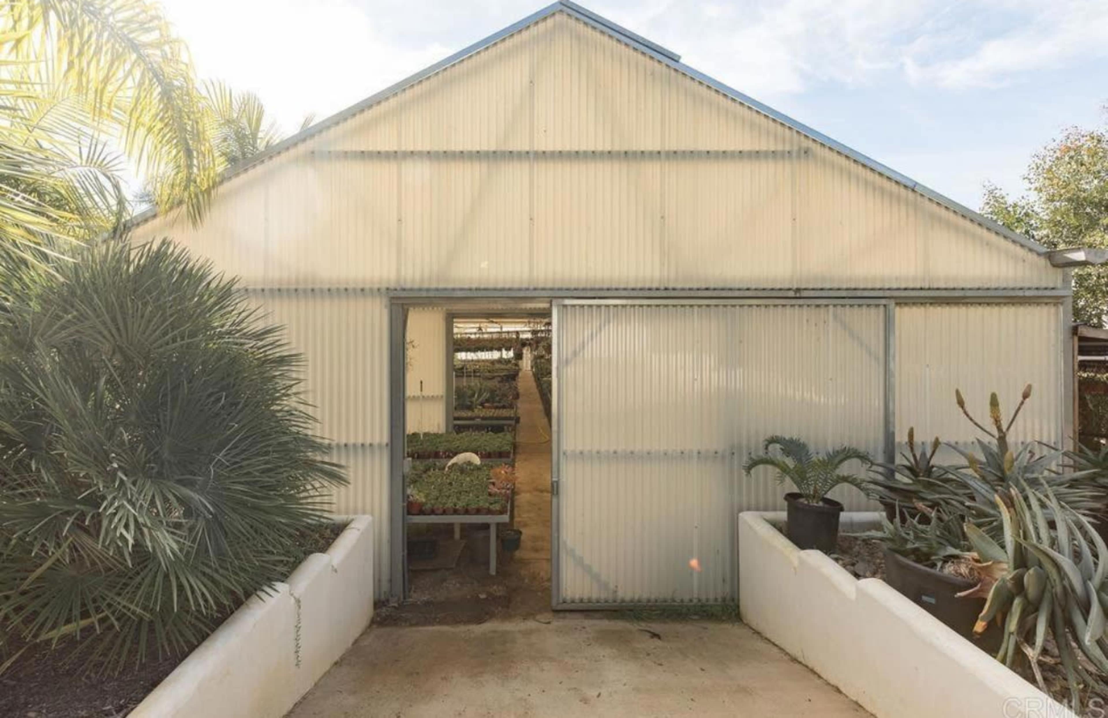 A greenhouse with a corrugated metal exterior and an open entrance is surrounded by various plants and palms.