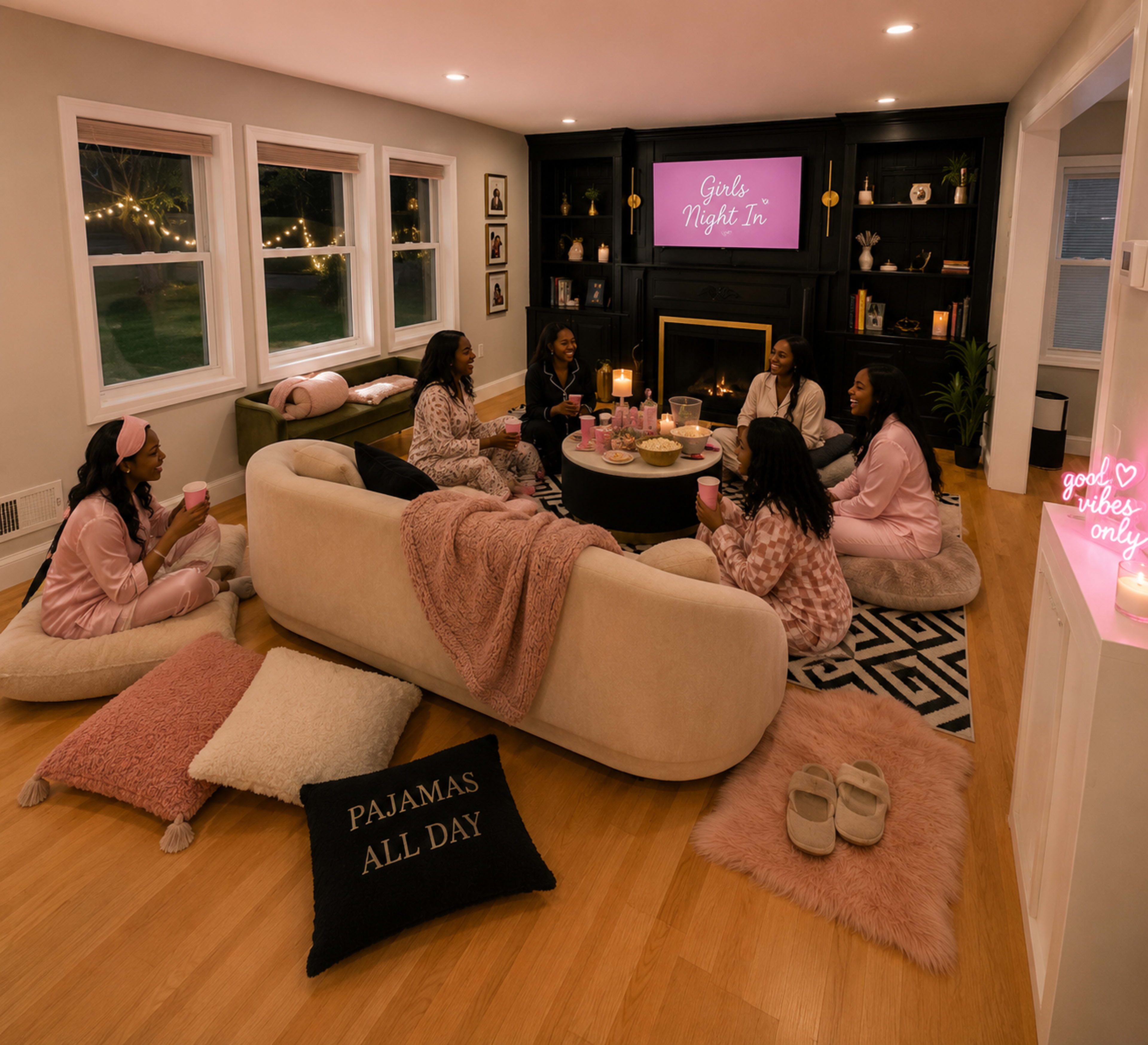 A group of six women in pajamas gathers on a large sectional sofa, surrounded by cozy pillows and blankets, enjoying snacks and drinks during a girls' night in.