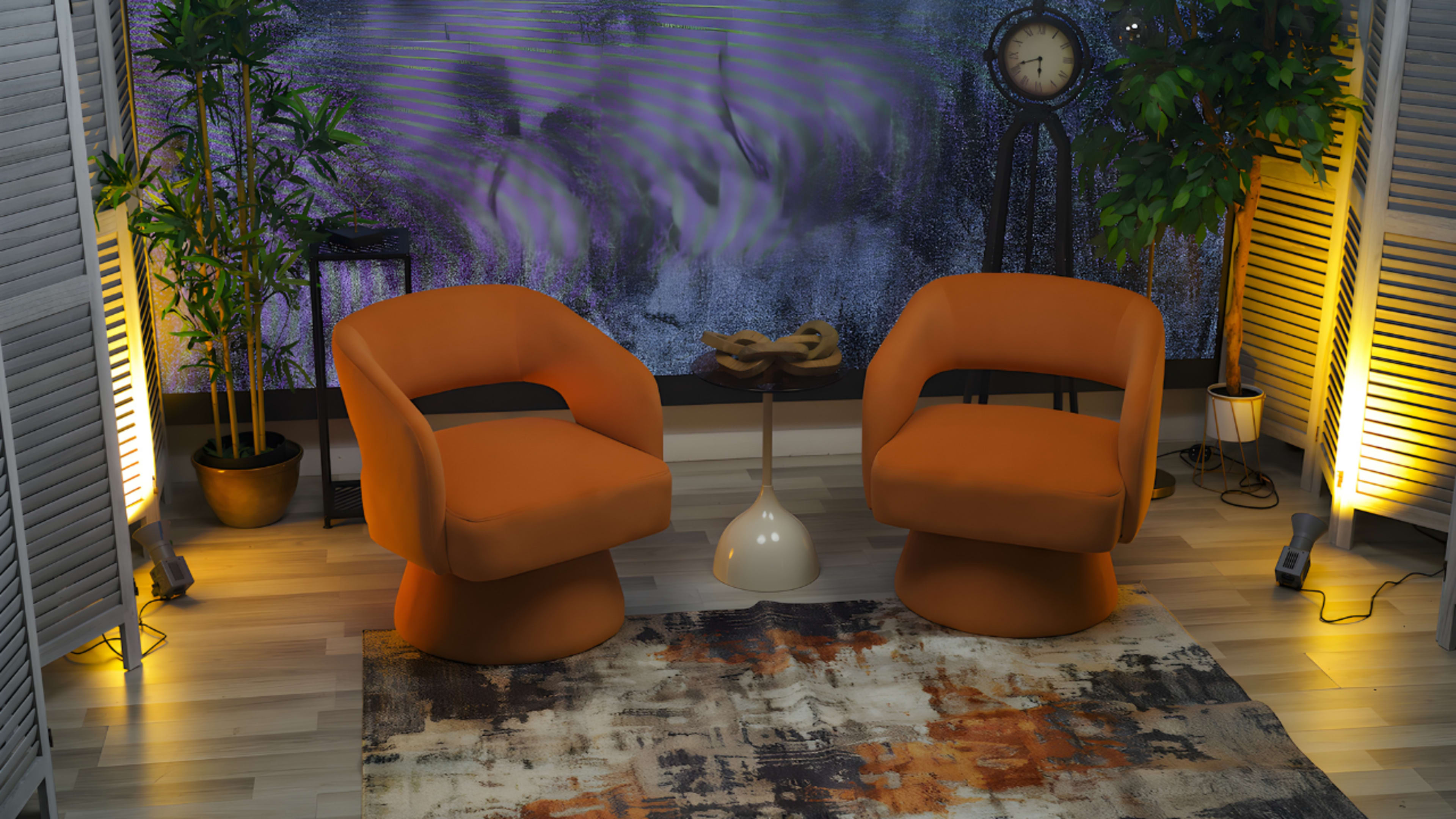 The image features two orange, modern chairs positioned around a round table on a patterned rug, with a backdrop of plants and decorative elements including a clock and lighting.