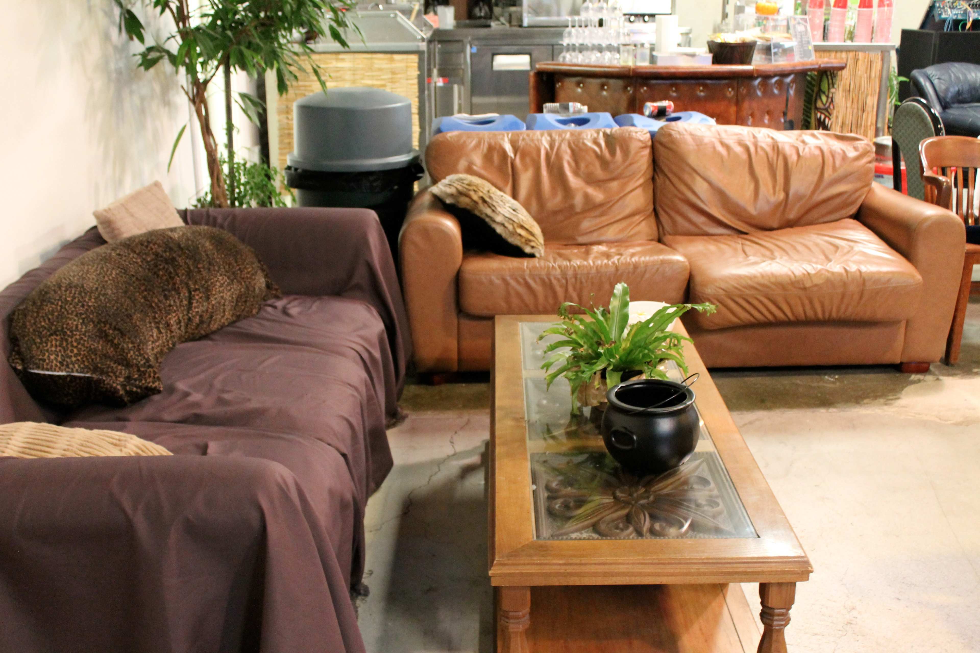 A living area with two sofas, a wooden coffee table with a decorative plant and a black pot, and a counter visible in the background.