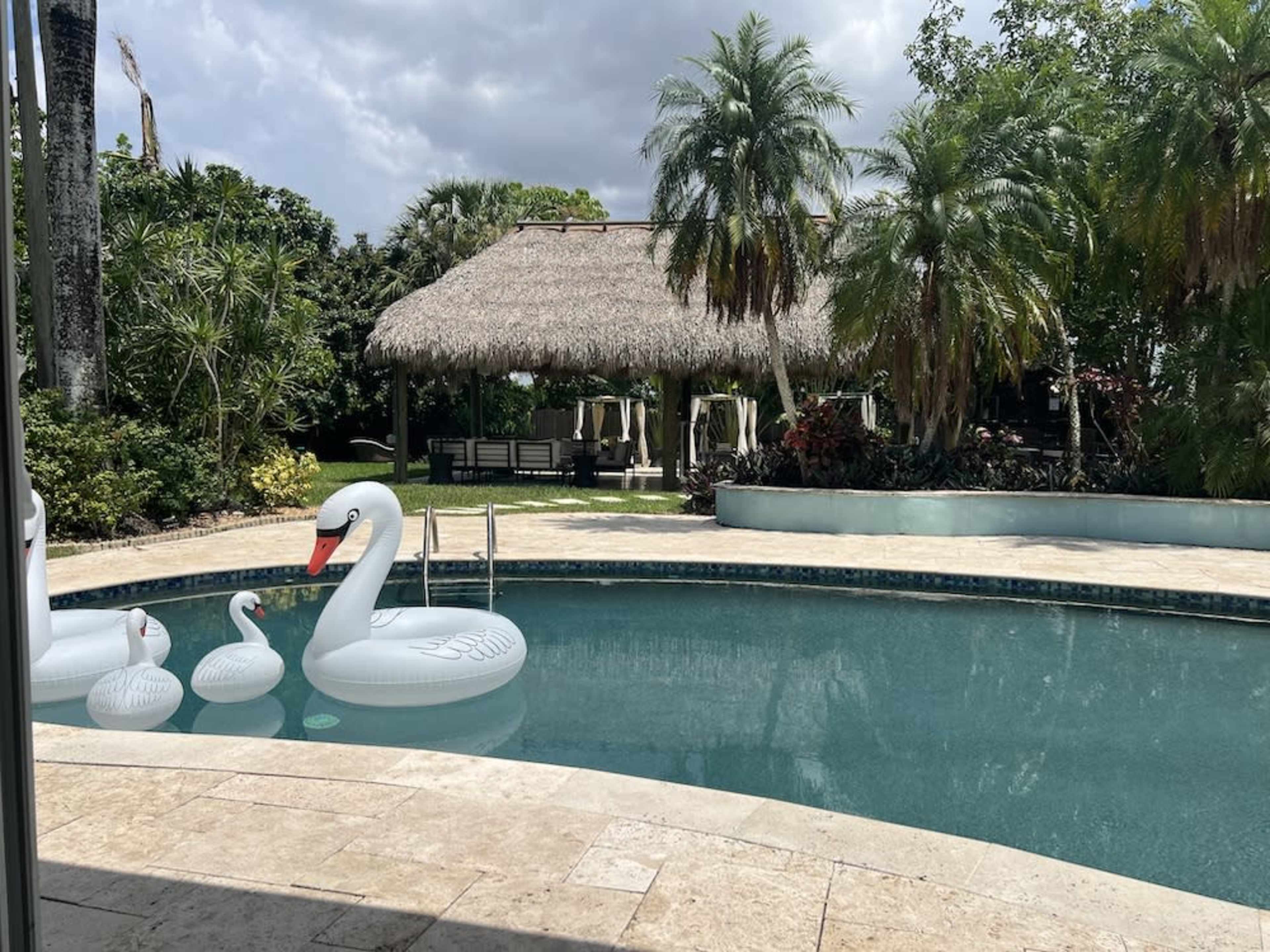 The image shows a swimming pool with inflatable swan floats and a thatched-roof gazebo surrounded by lush greenery.