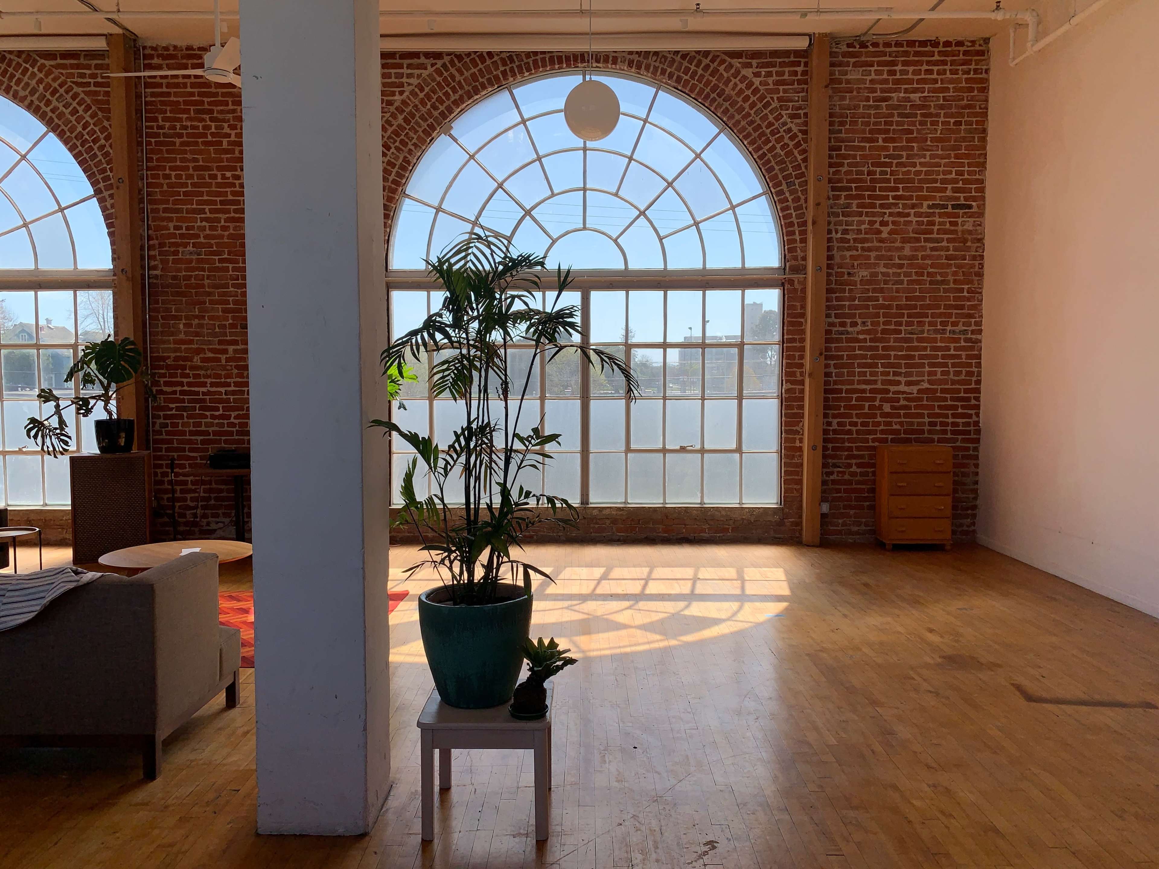 The image shows a spacious room with brick walls, large arched windows, wooden floors, and a potted plant near the center.