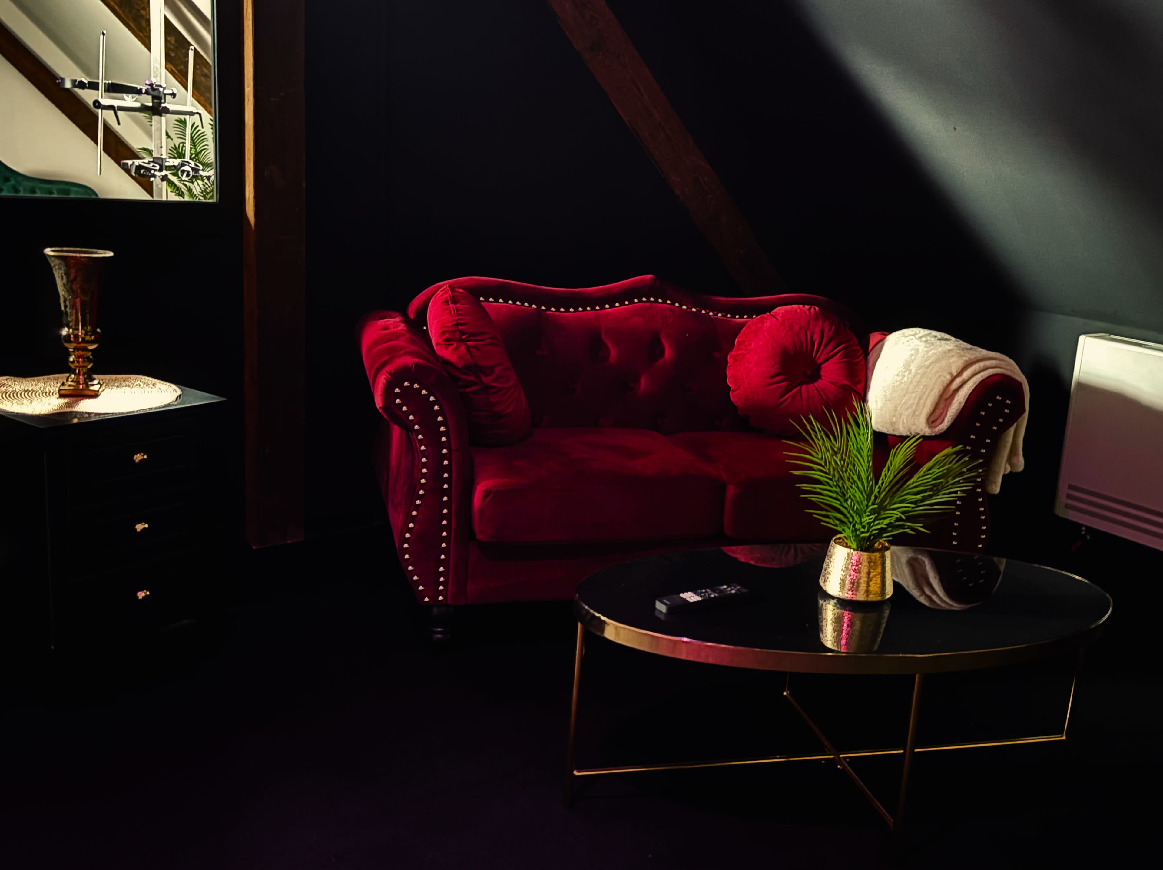 A red velvet couch and a metallic coffee table with a potted plant are positioned in a dimly lit room with wooden beams.