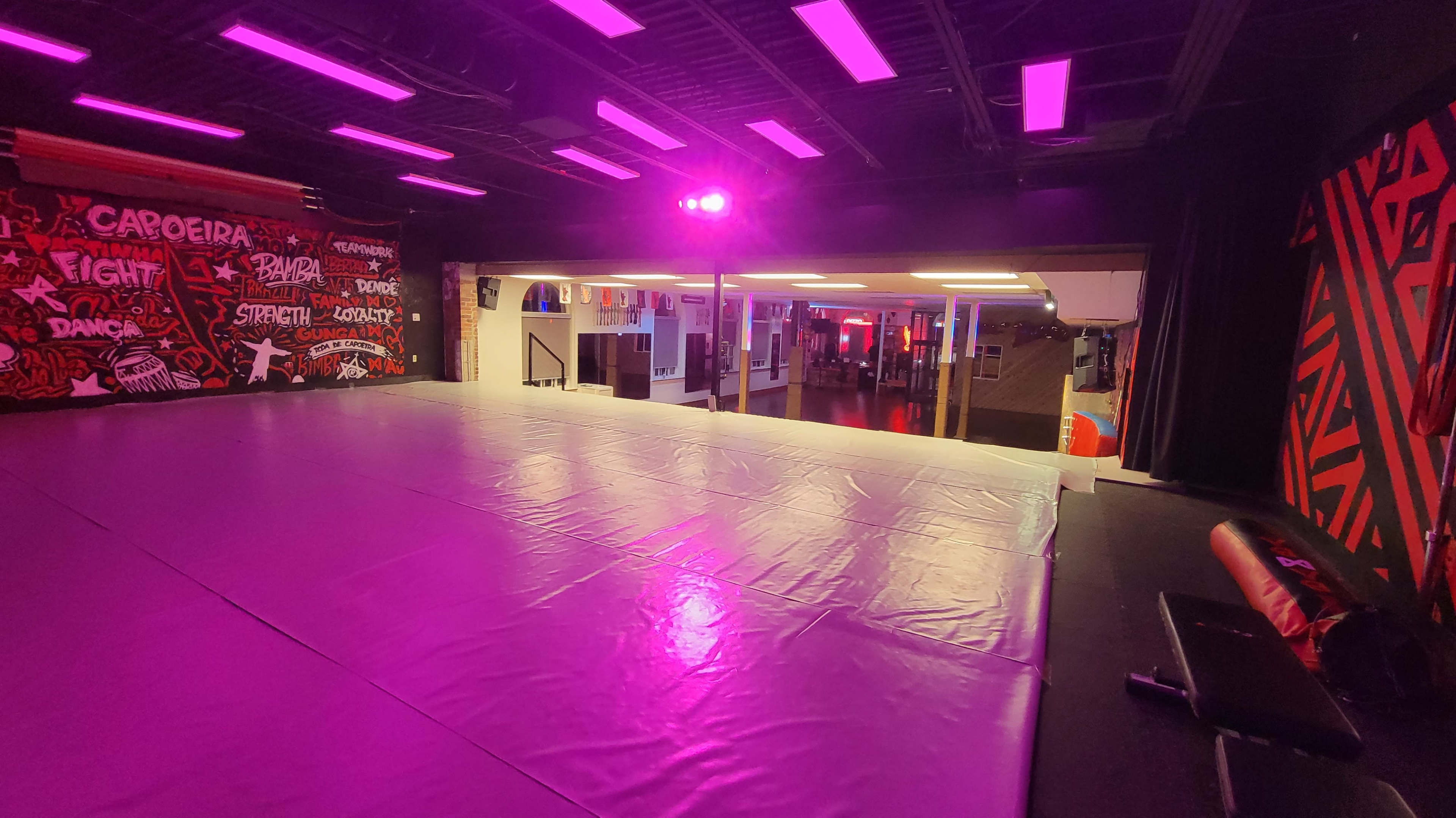 A large, brightly lit training studio features a glossy mat and colorful murals on the walls.