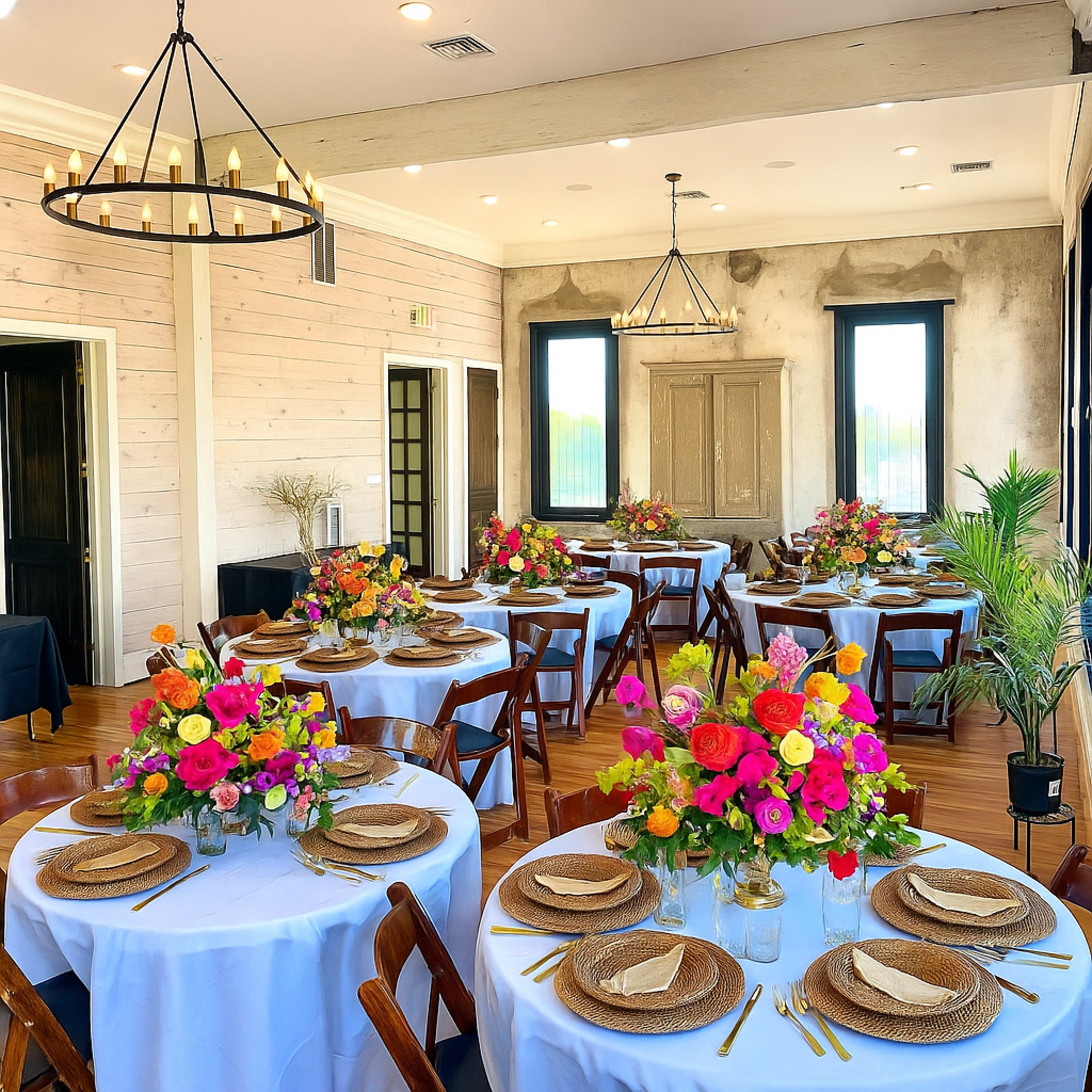 The image shows a well-decorated dining room with multiple round tables, each set with white tablecloths, colorful floral centerpieces, and elegant place settings.