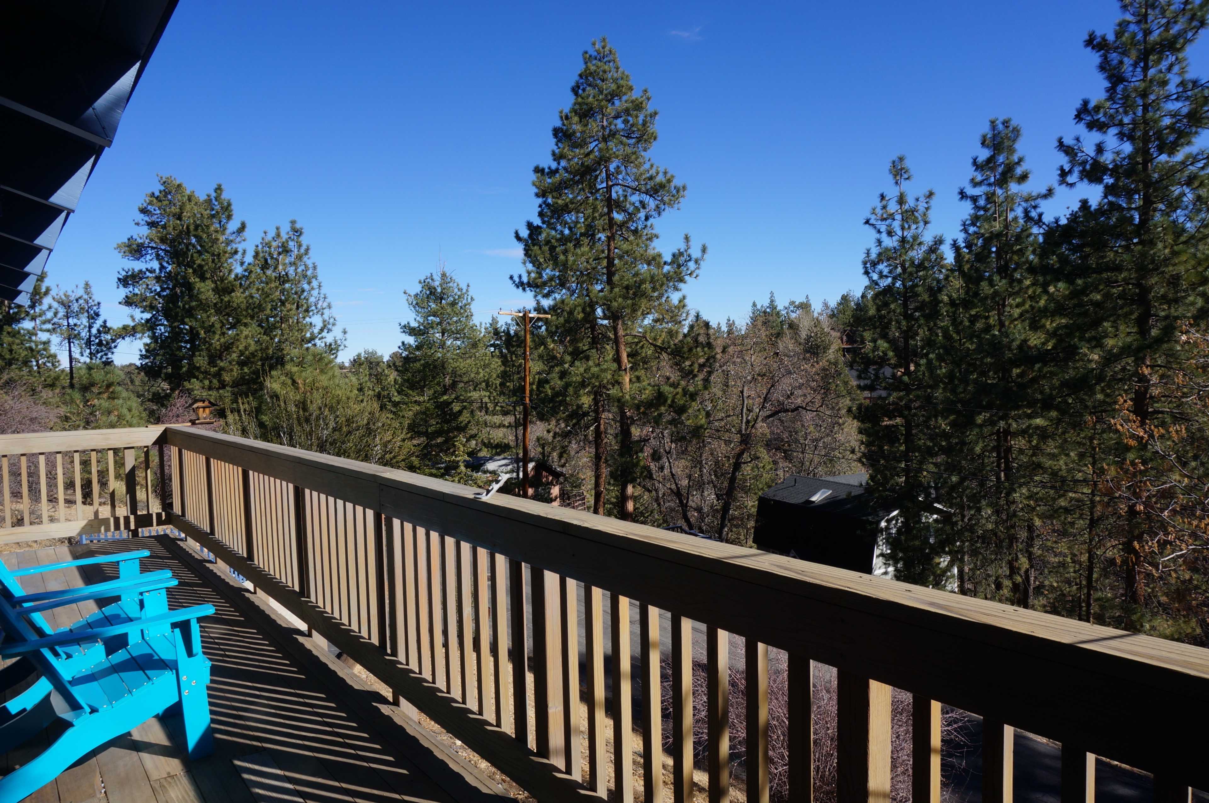 A wooden deck with blue chairs overlooks a forest of tall pine trees under a clear blue sky.