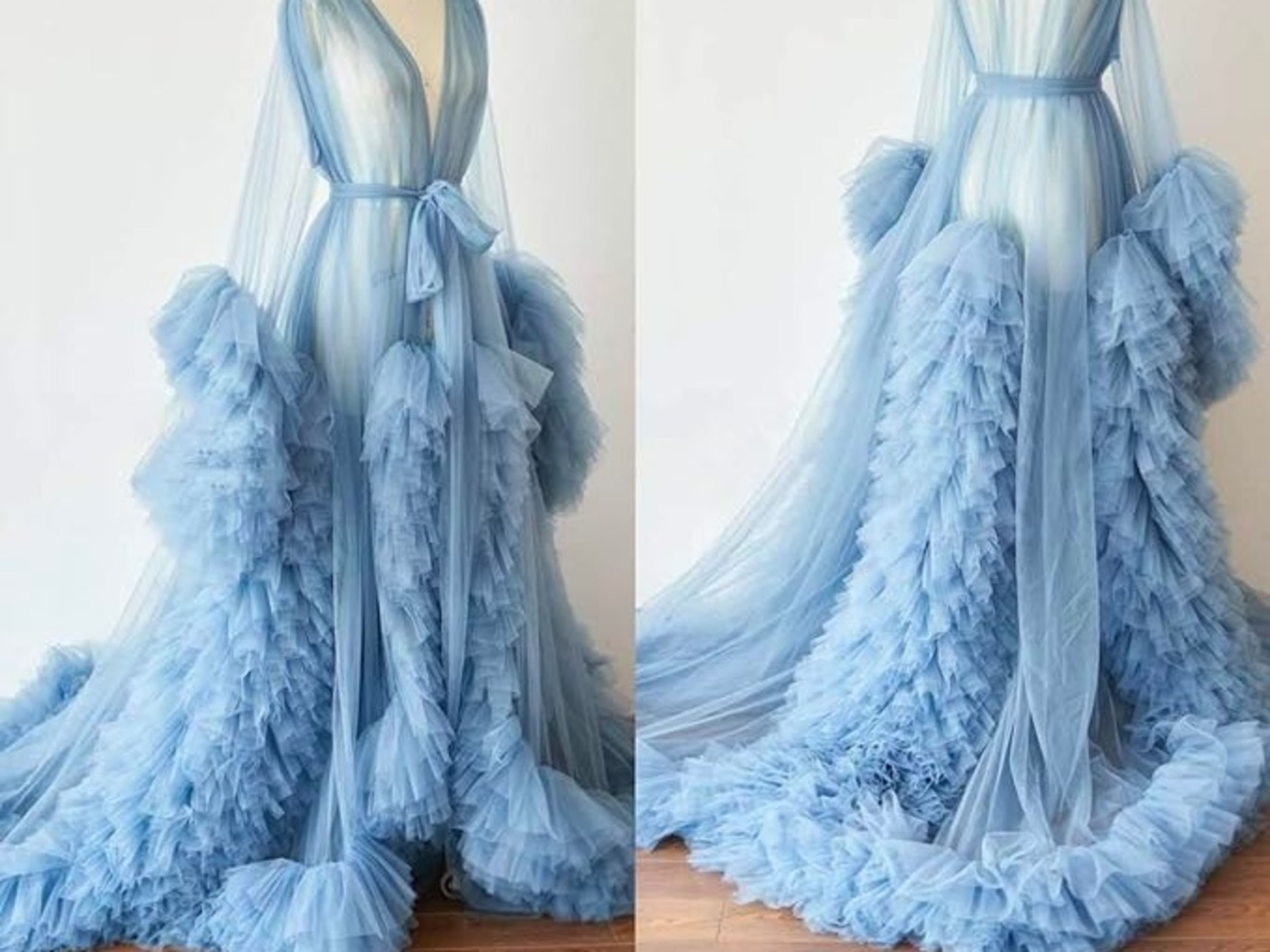 Blue Sheer Long Tulle Robe( Maternity, Glam)