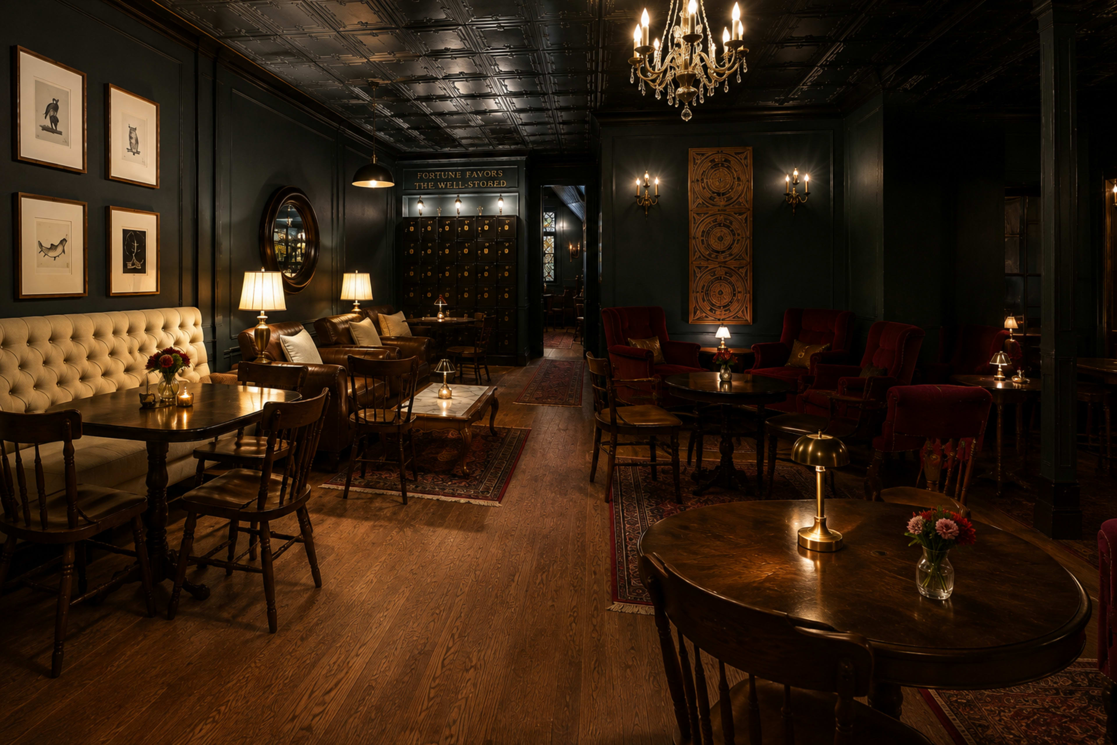 A dimly lit lounge features dark walls, ornate chandeliers, and a mix of wooden tables and plush seating, creating an intimate atmosphere.