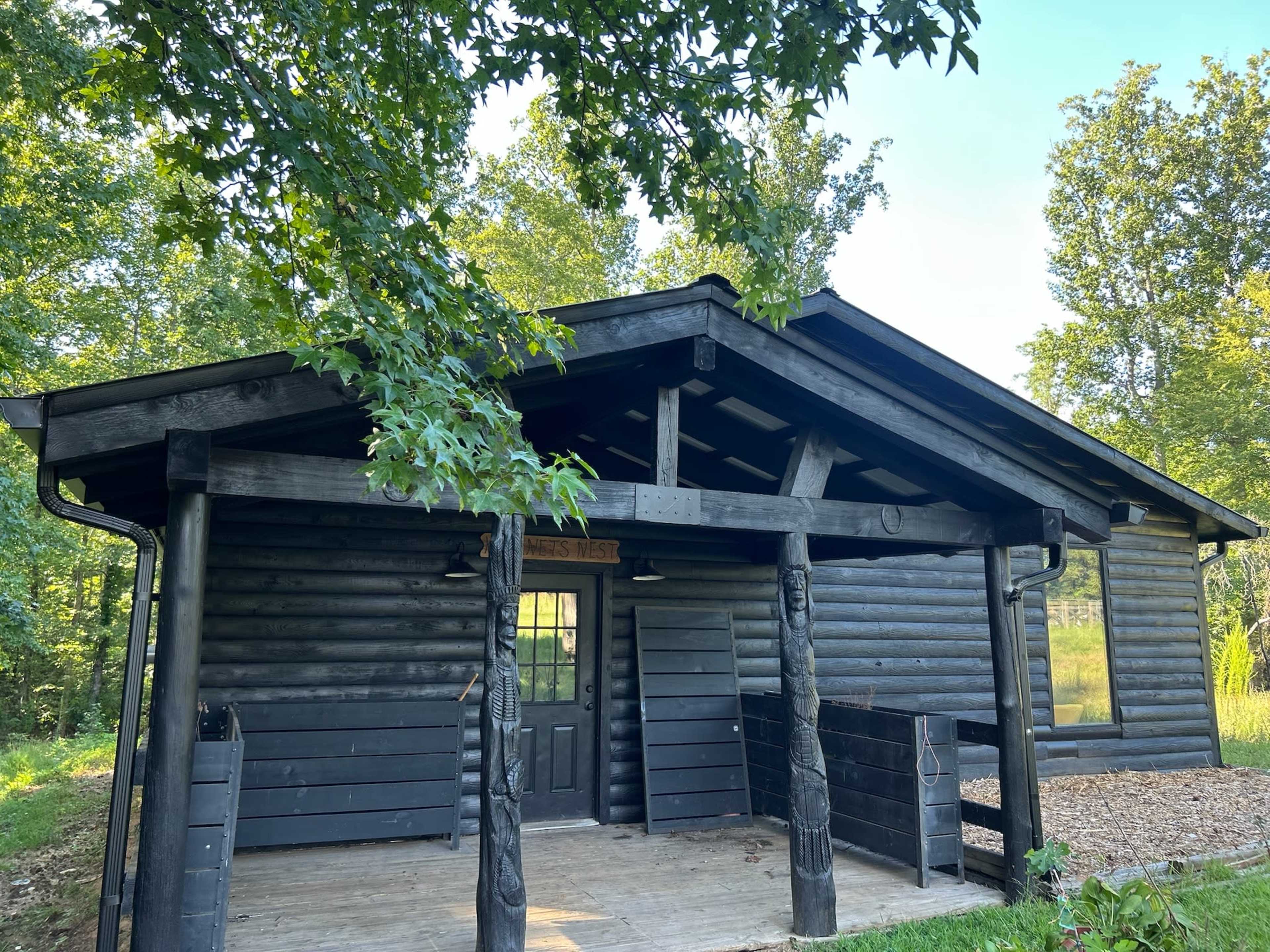 The image depicts a black log cabin with a gabled roof and wooden carvings at the entrance, situated amidst greenery.