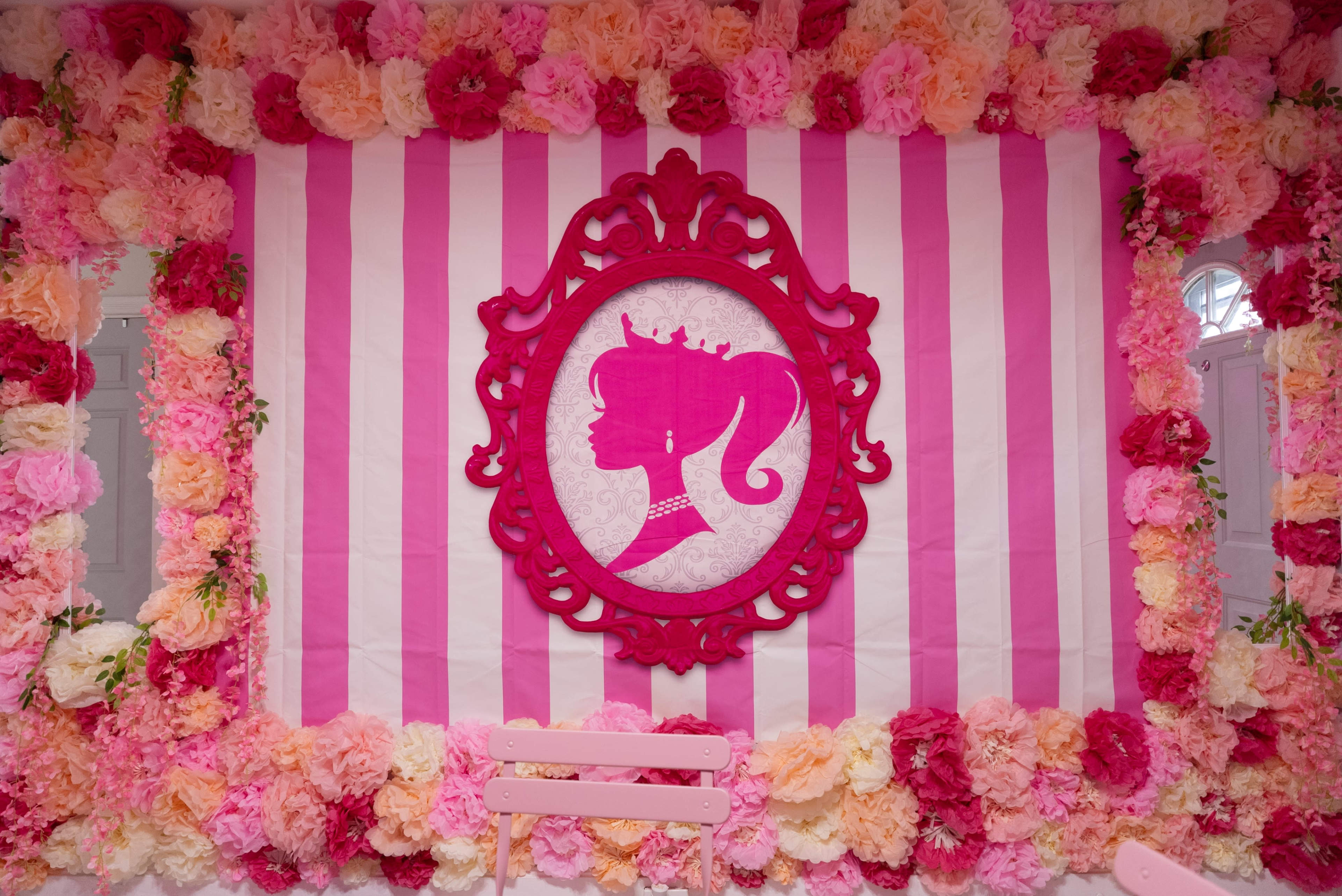 The image features a decorative backdrop with pink and white striped fabric, framed by a floral arrangement, and displaying a silhouette of a female figure in a ornate pink frame.