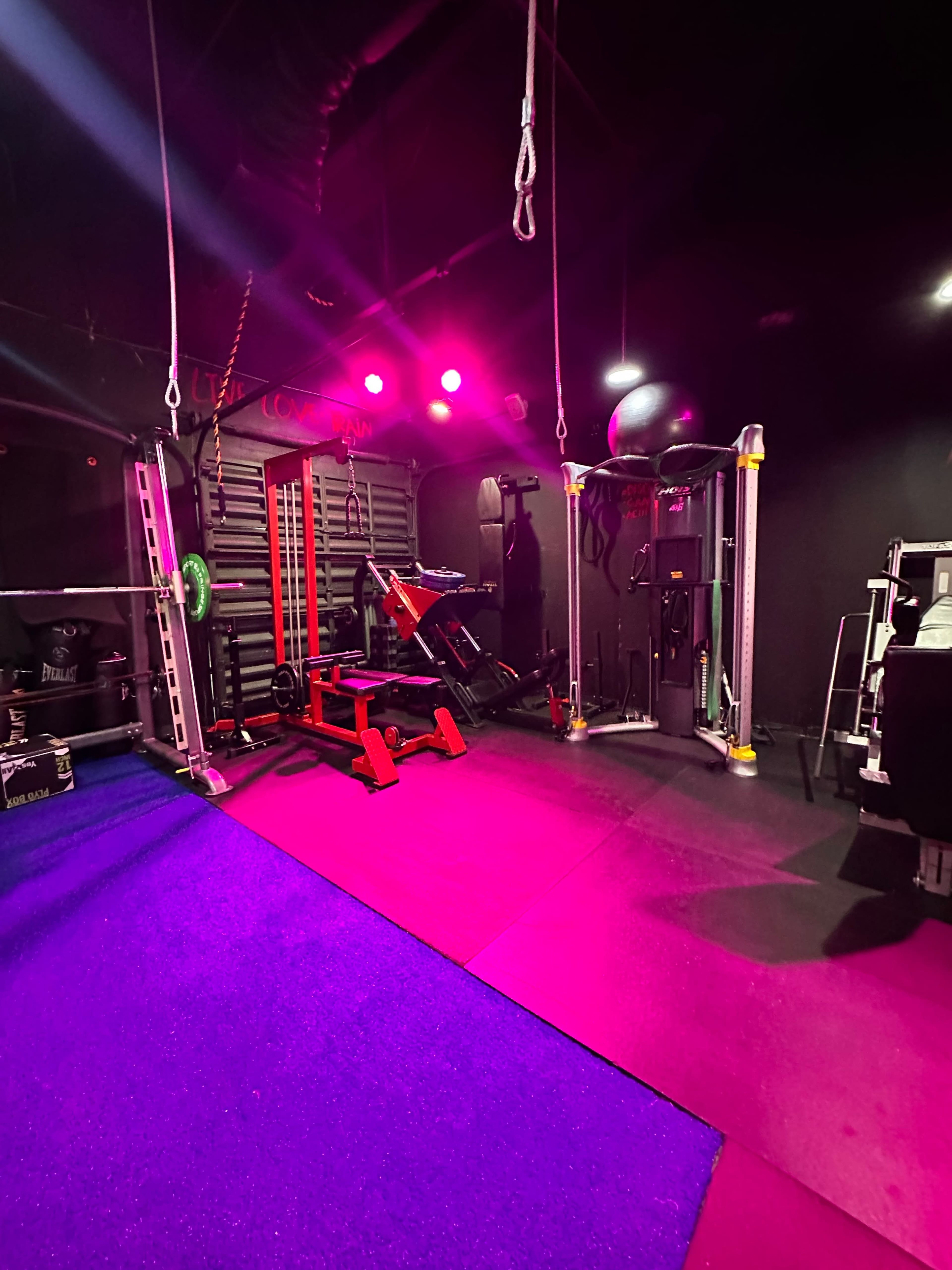 The image shows a dimly lit gym space with exercise equipment, including a weight rack and various fitness machines, set against a purple flooring and illuminated by pink lights.