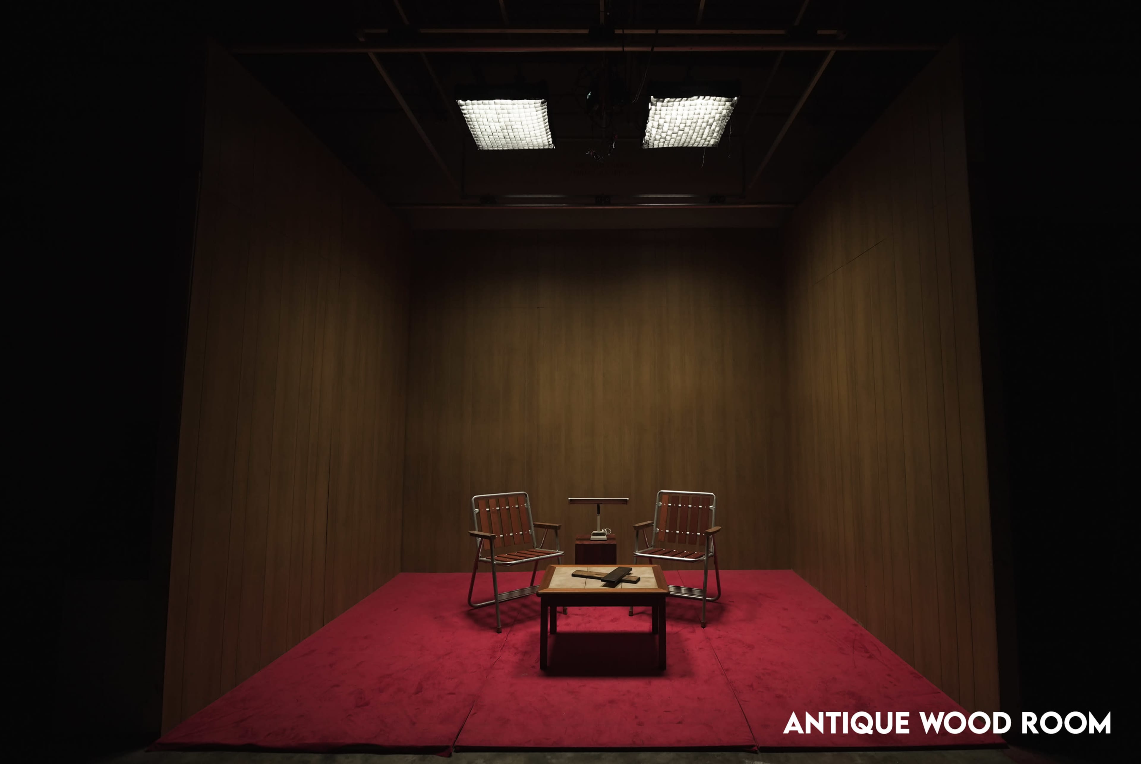The image shows a sparse room with wooden walls, two metal chairs, a small table, and a red carpet beneath a bright light fixture.